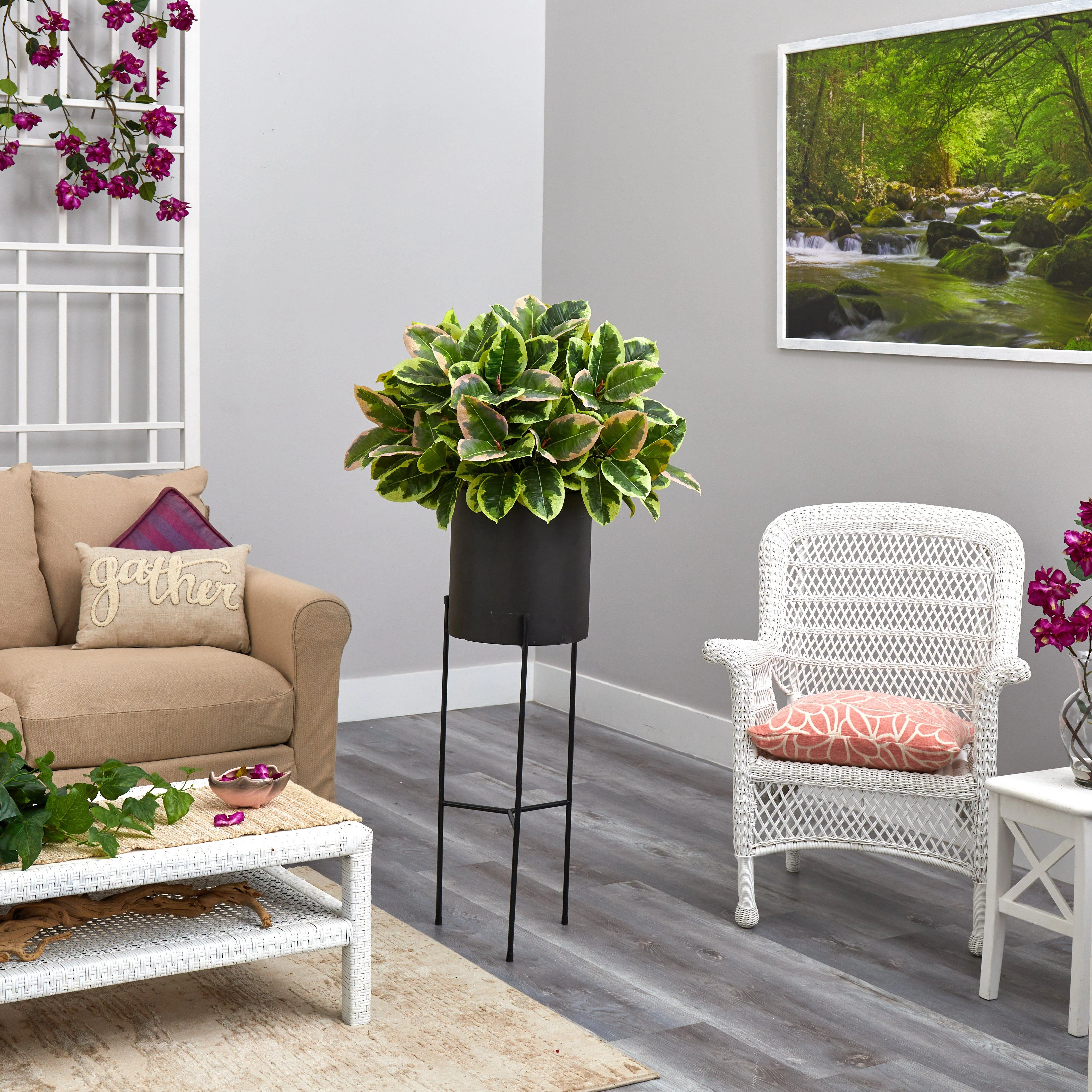 55” Rubber Leaf Artificial Plant in Black Planter with Stand (Real Touch) - Image 4