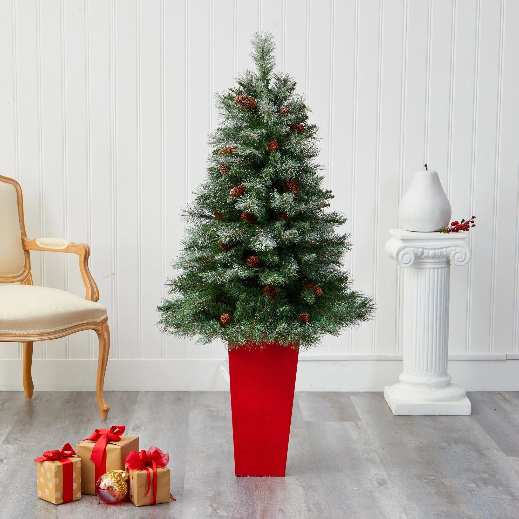 55” Snowed French Alps Mountain Pine Artificial Christmas Tree with 237 Bendable Branches and Pine Cones in Red Tower Planter - Image 5