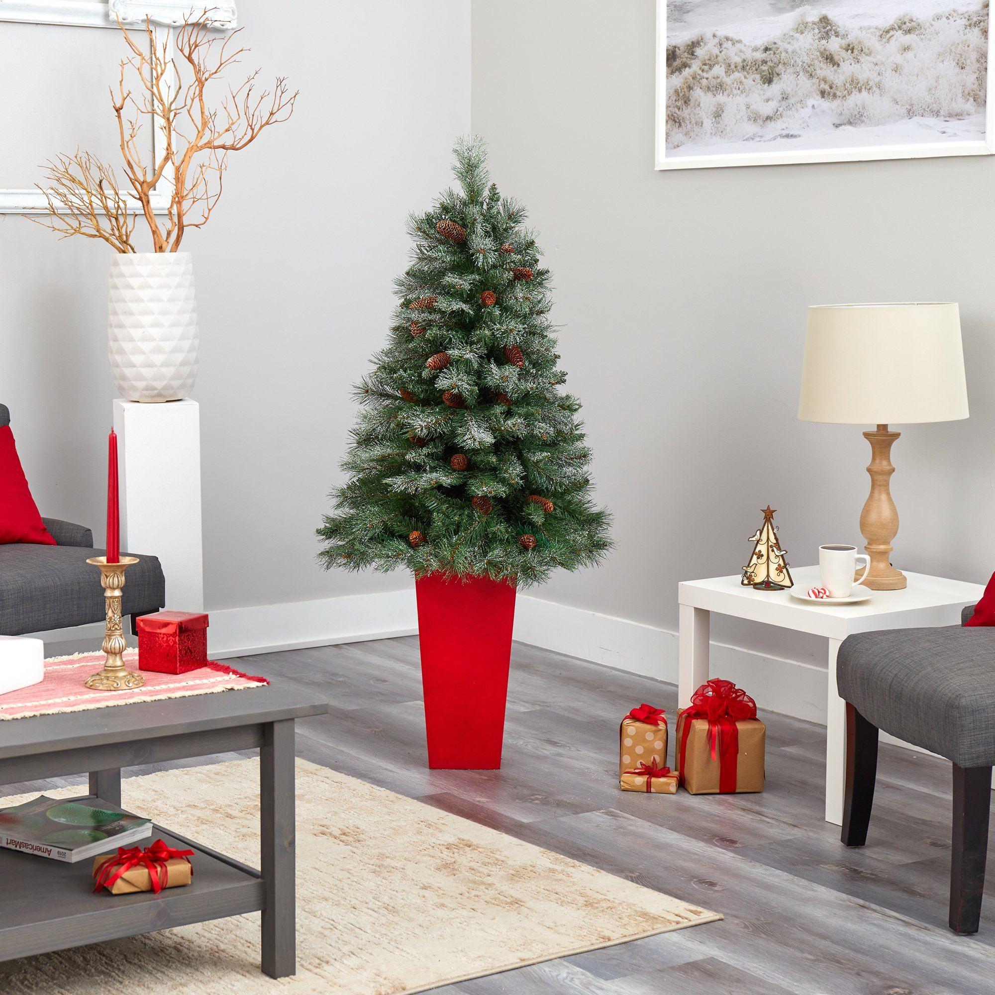 55” Snowed French Alps Mountain Pine Artificial Christmas Tree with 237 Bendable Branches and Pine Cones in Red Tower Planter - Image 6