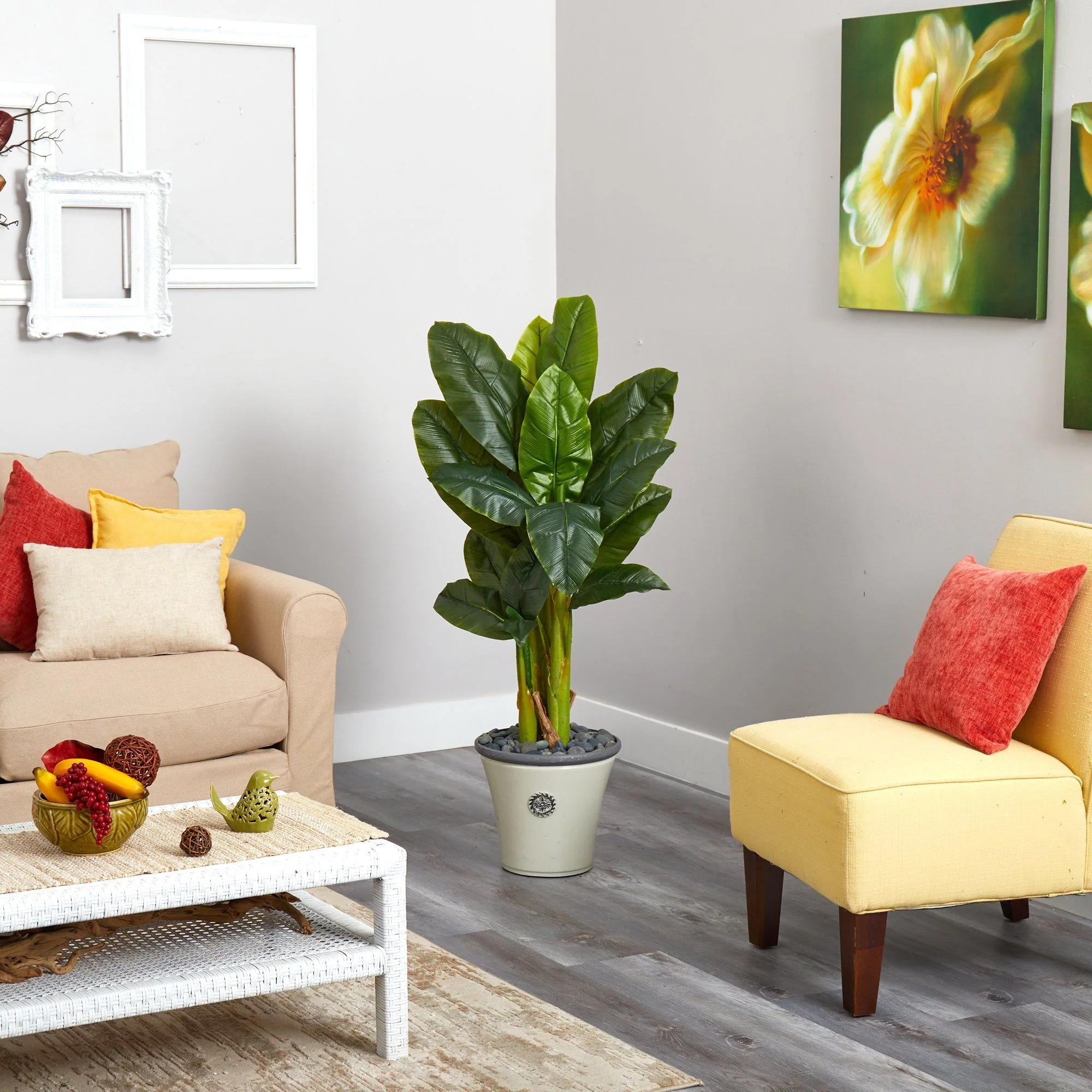 55” Triple Stalk Artificial Banana Tree in Decorative Planter (Real Touch) - Image 2