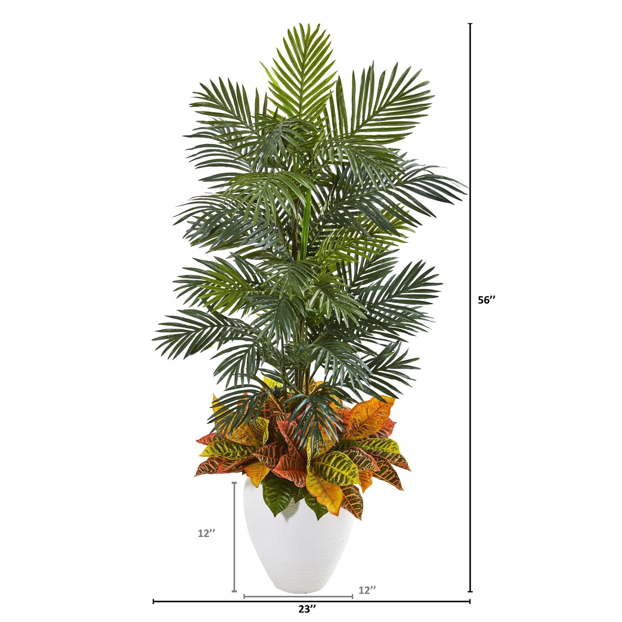 56” Areca Palm and Croton Artificial Plant in White Planter - Image 2