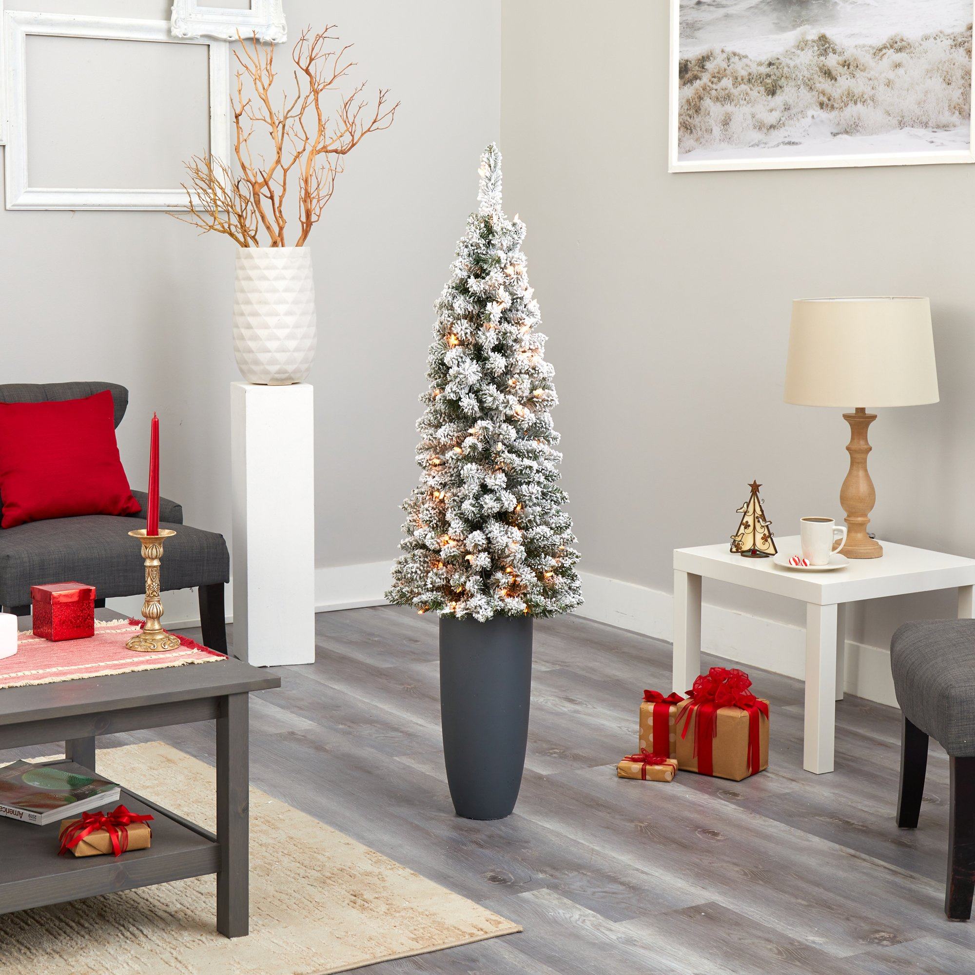 56” Flocked Pencil Artificial Christmas Tree with 100 Clear Lights and 216 Bendable Branches in Gray Planter - Image 8