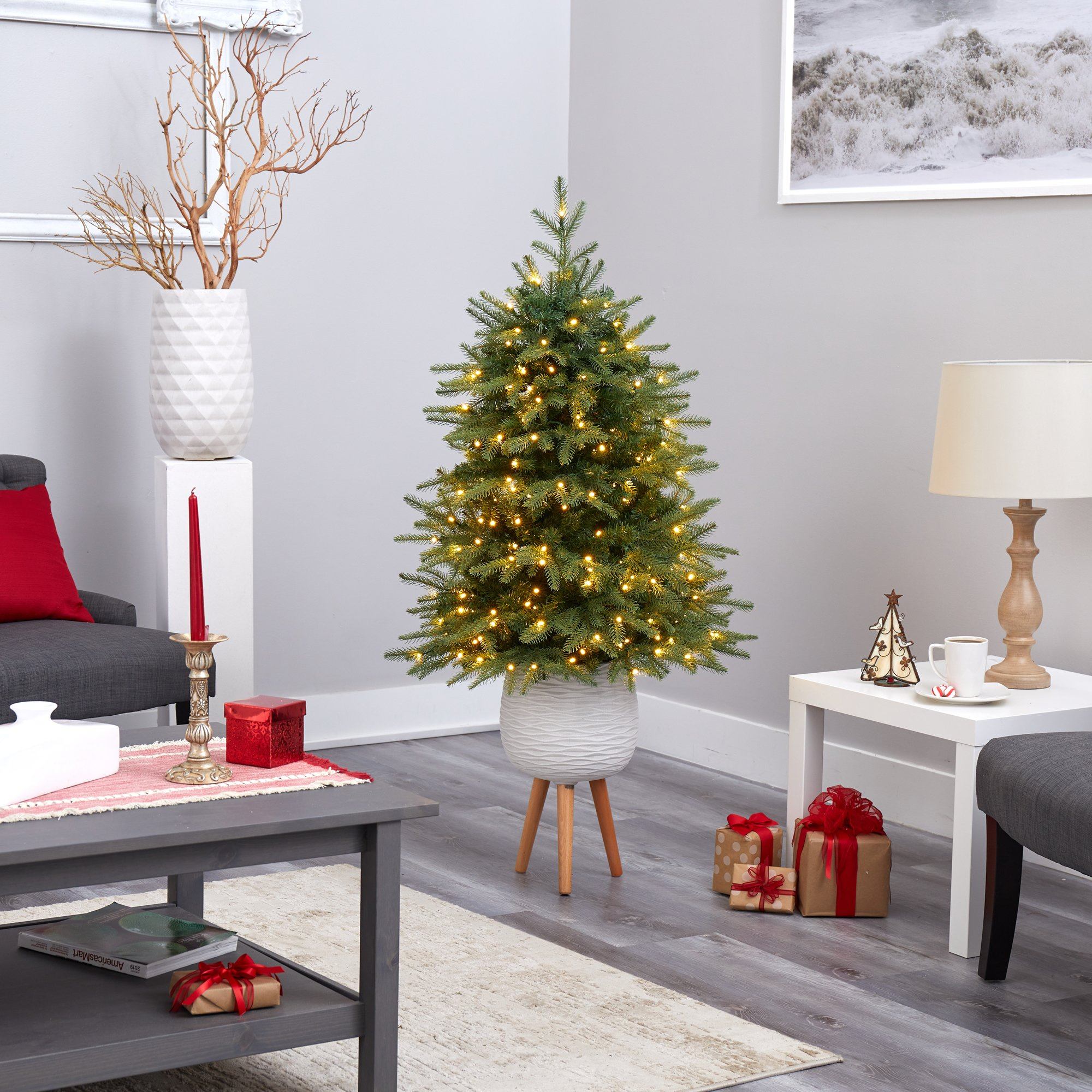56” Vancouver Fir “Natural Look” Artificial Christmas Tree with 250 Clear LED Lights and 814 Bendable Branches in White Planter with Stand - Image 8