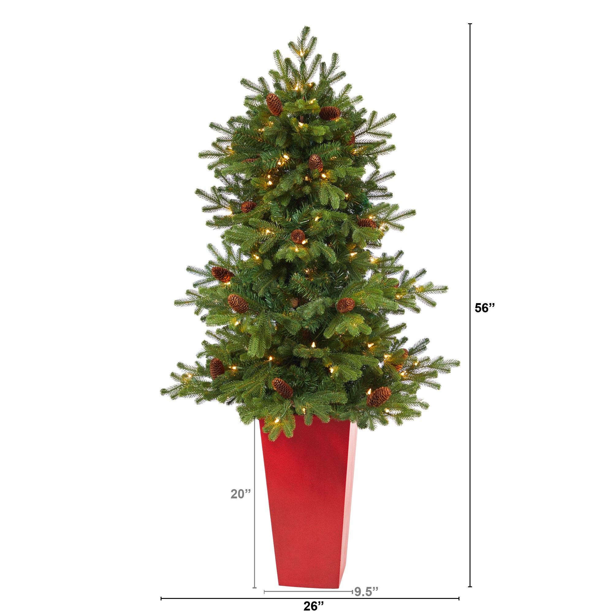 56” Yukon Mountain Fir Artificial Christmas Tree with 100 Clear Lights, Pine Cones and 386 Bendable Branches in Red Tower Planter - Image 2