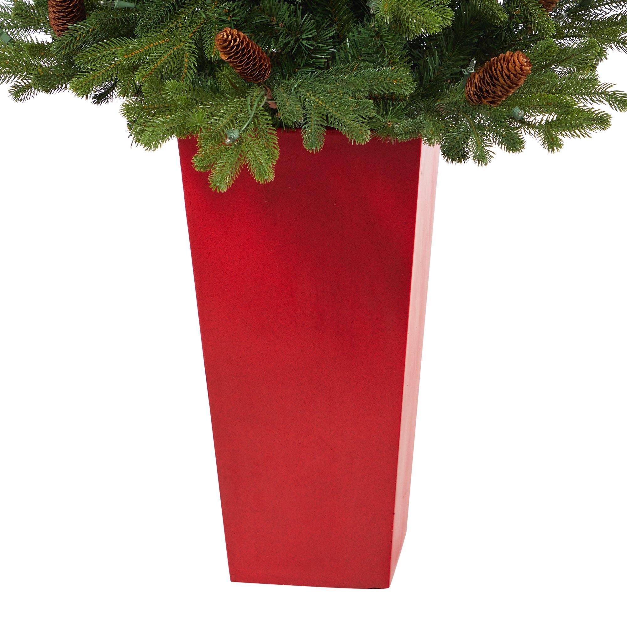 56” Yukon Mountain Fir Artificial Christmas Tree with 100 Clear Lights, Pine Cones and 386 Bendable Branches in Red Tower Planter - Image 6