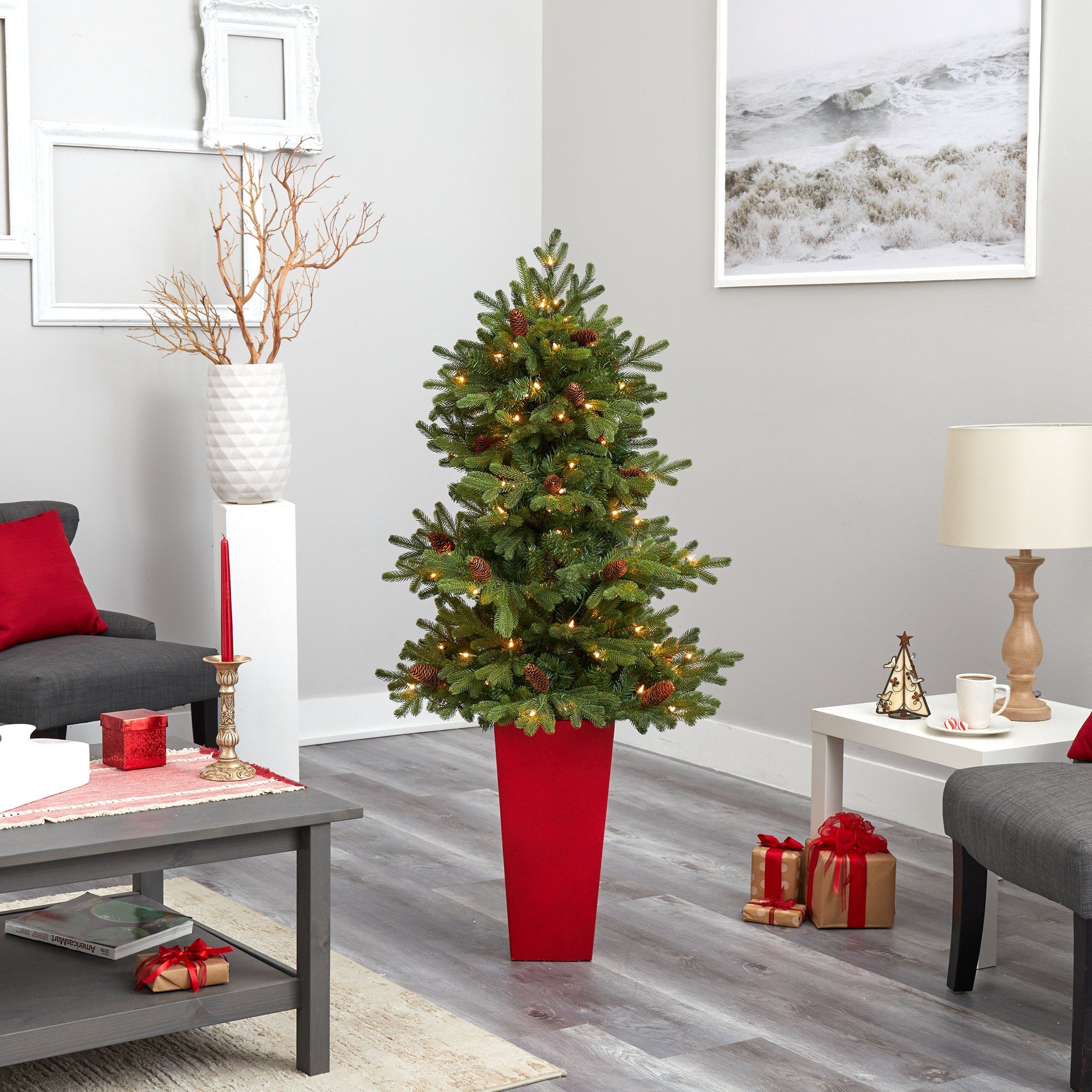 56” Yukon Mountain Fir Artificial Christmas Tree with 100 Clear Lights, Pine Cones and 386 Bendable Branches in Red Tower Planter - Image 8