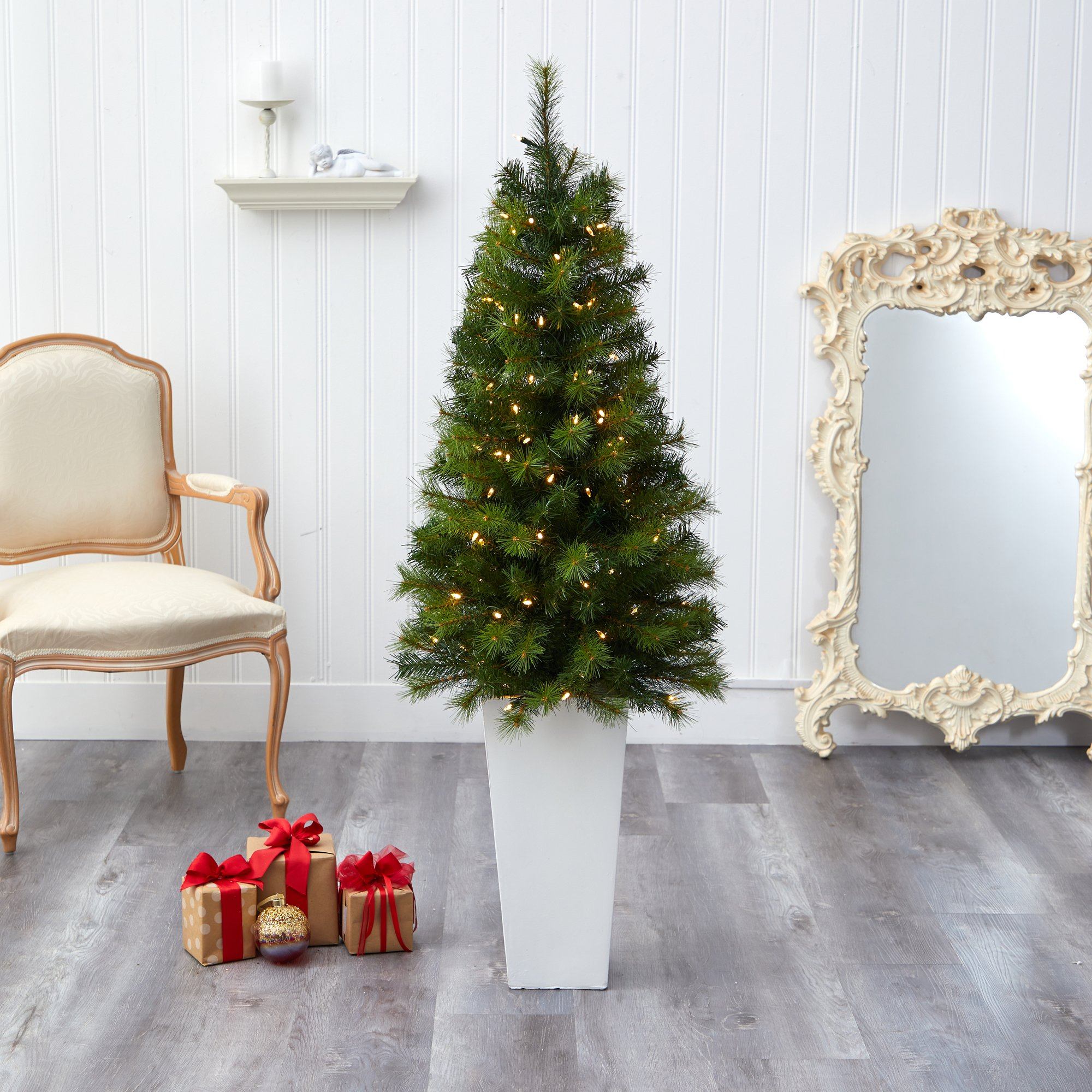 57” Green Valley Pine Artificial Christmas Tree with 100 Warm White LED Lights and 201 Bendable Branches in Tall White Planter - Image 7