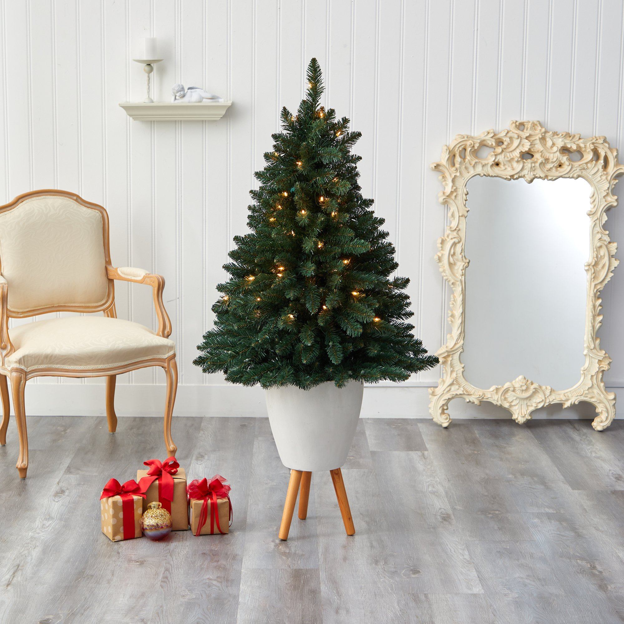 57” Northern Rocky Spruce Artificial Christmas Tree with 100 Clear Lights and 322 Bendable Branches in White Planter with Stand - Image 7