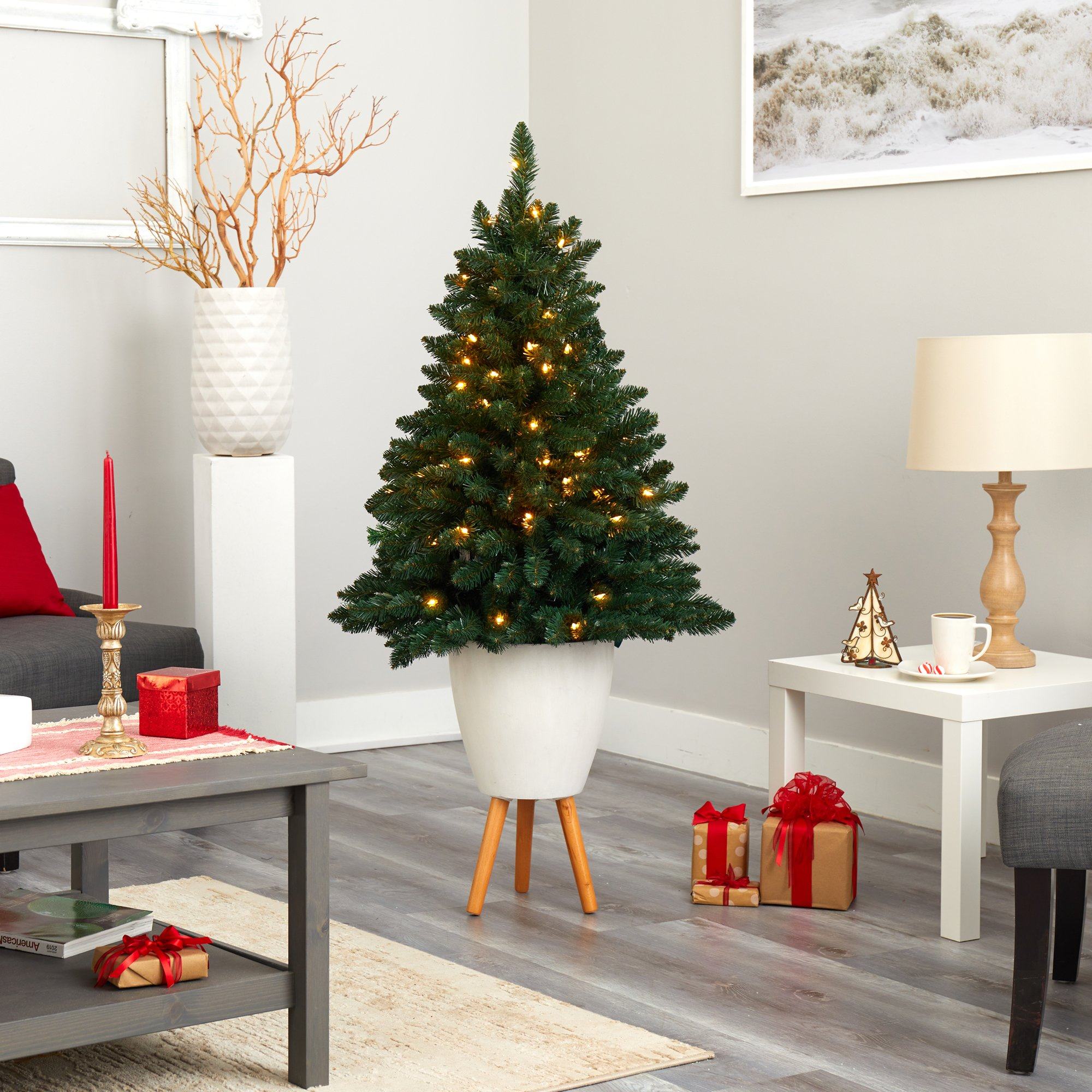57” Northern Rocky Spruce Artificial Christmas Tree with 100 Clear Lights and 322 Bendable Branches in White Planter with Stand - Image 8
