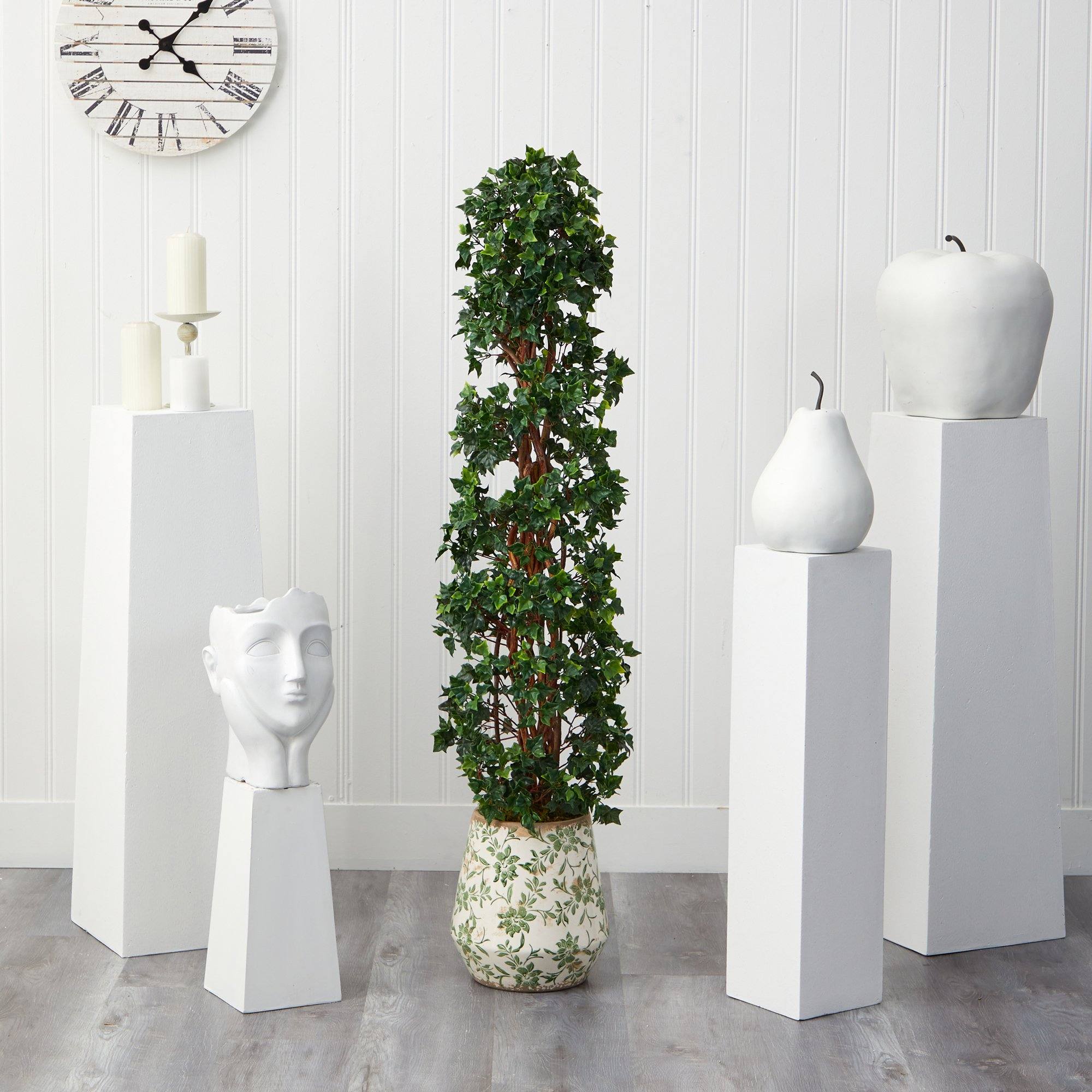 58” English Ivy Topiary Spiral Artificial Tree in Floral Print Planter (Indoor/Outdoor) - Image 3
