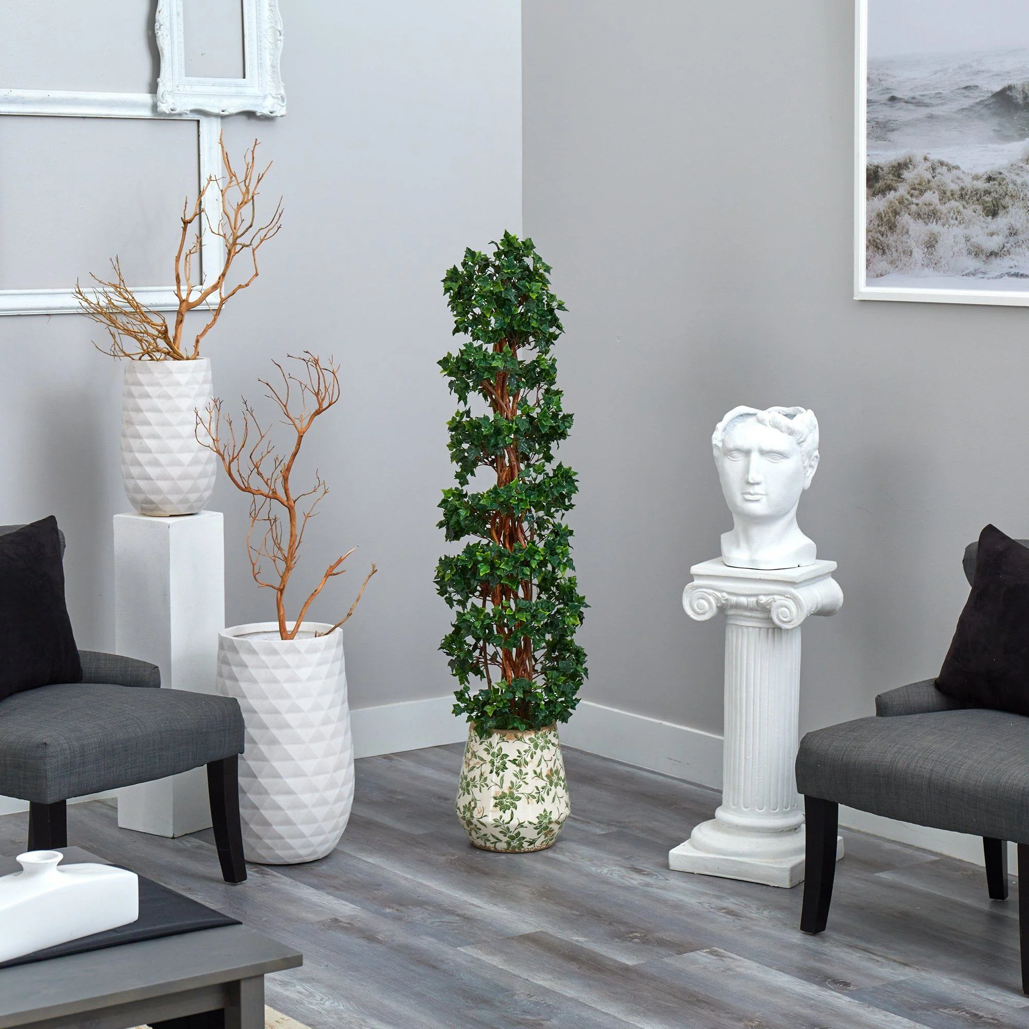 58” English Ivy Topiary Spiral Artificial Tree in Floral Print Planter (Indoor/Outdoor) - Image 4