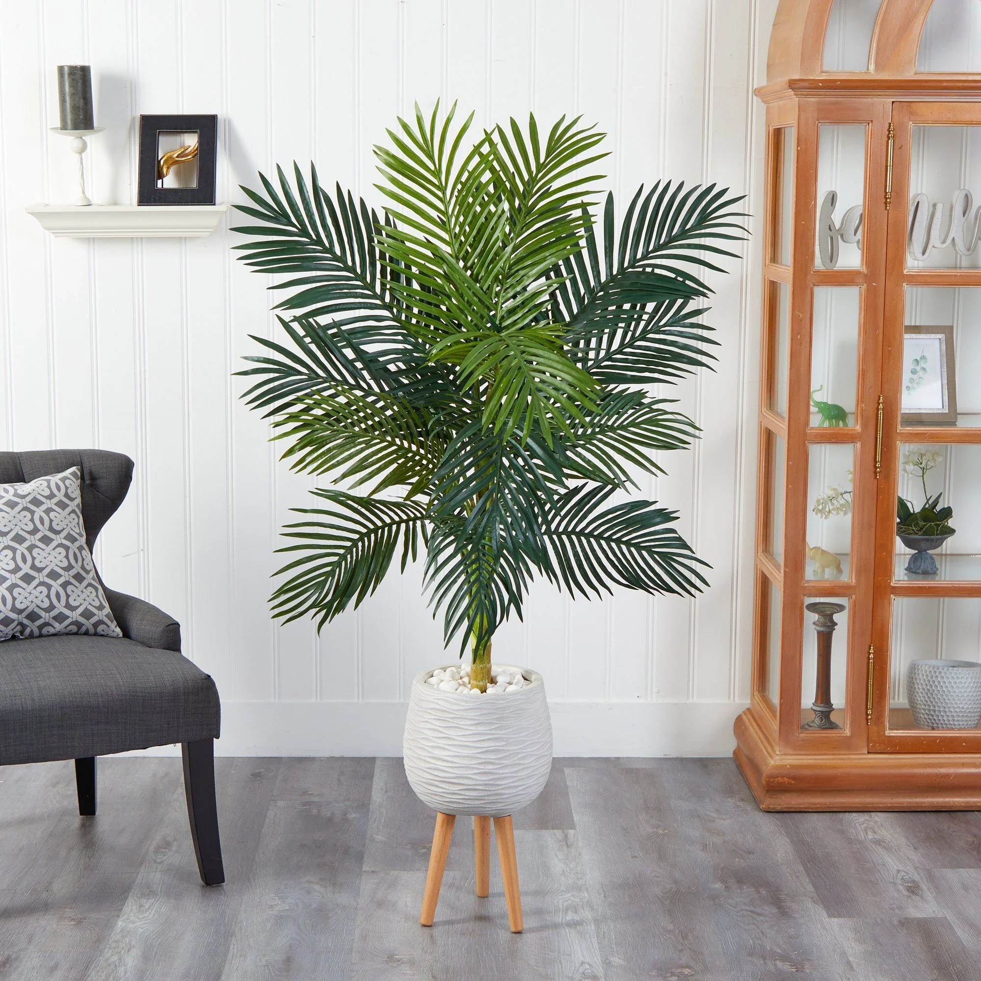 58” Golden Cane Artificial Palm Tree in White Planter with Stand - Image 3