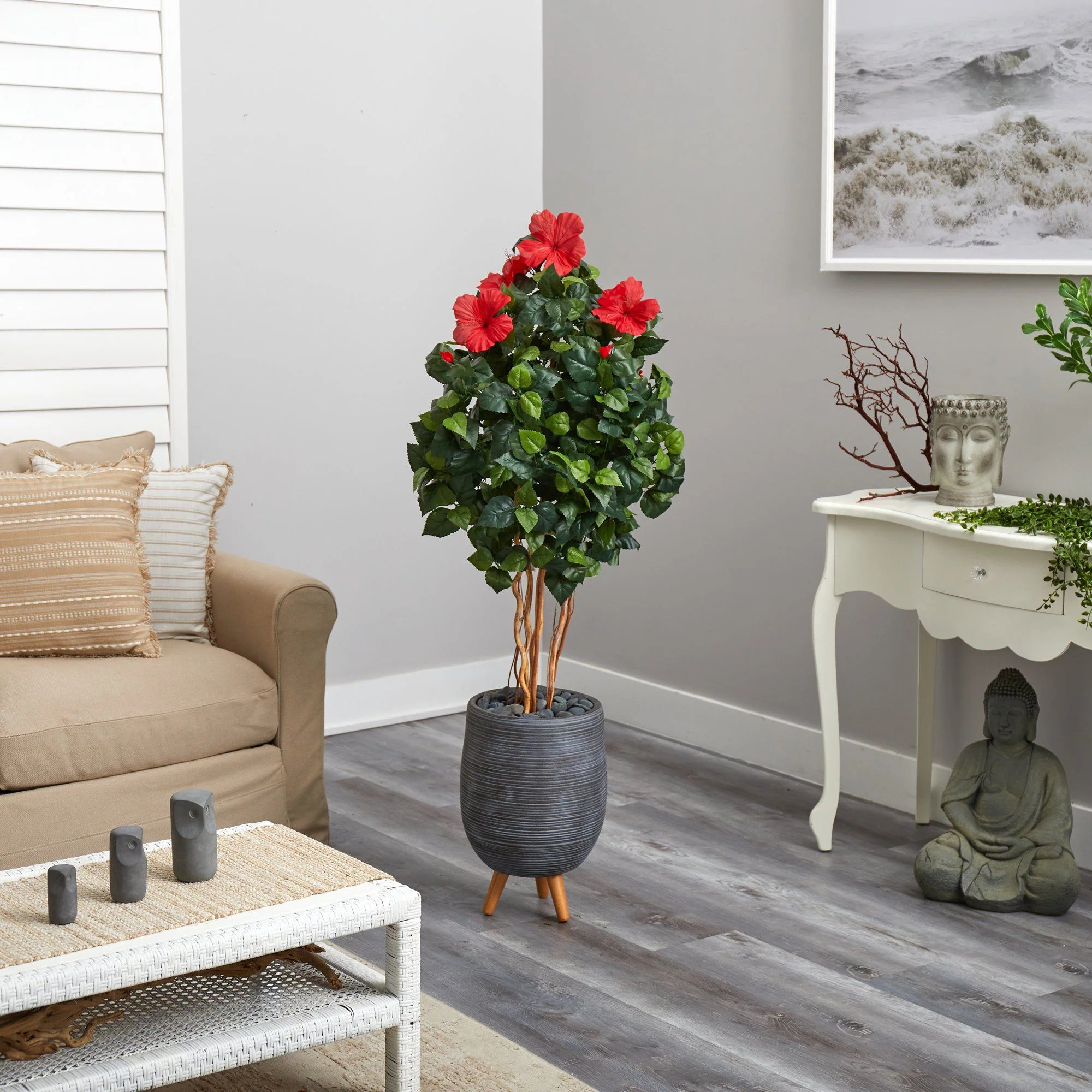 58” Hibiscus Artificial Tree in Gray Planter with Stand - Image 4
