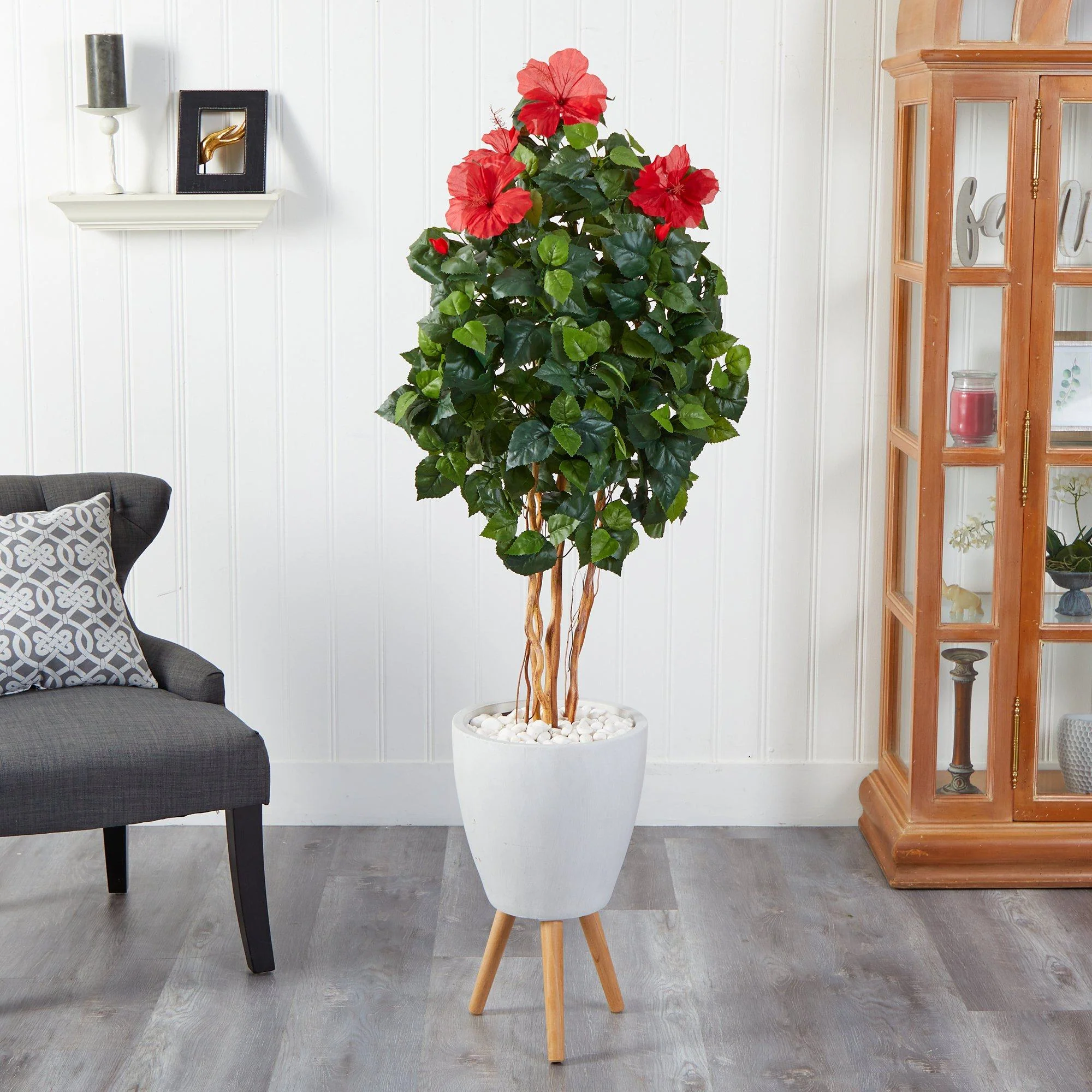 58” Hibiscus Artificial Tree in White Planter with Stand - Image 3