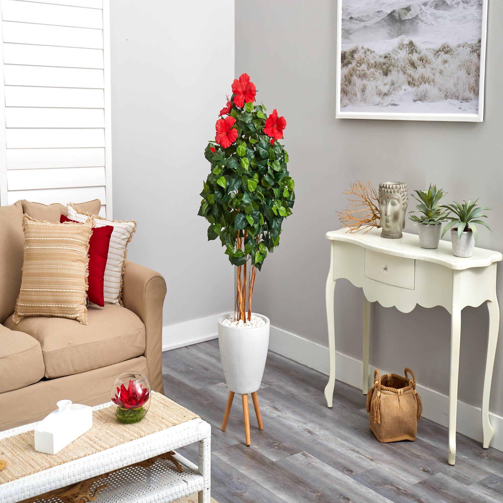 58” Hibiscus Artificial Tree in White Planter with Stand - Image 4