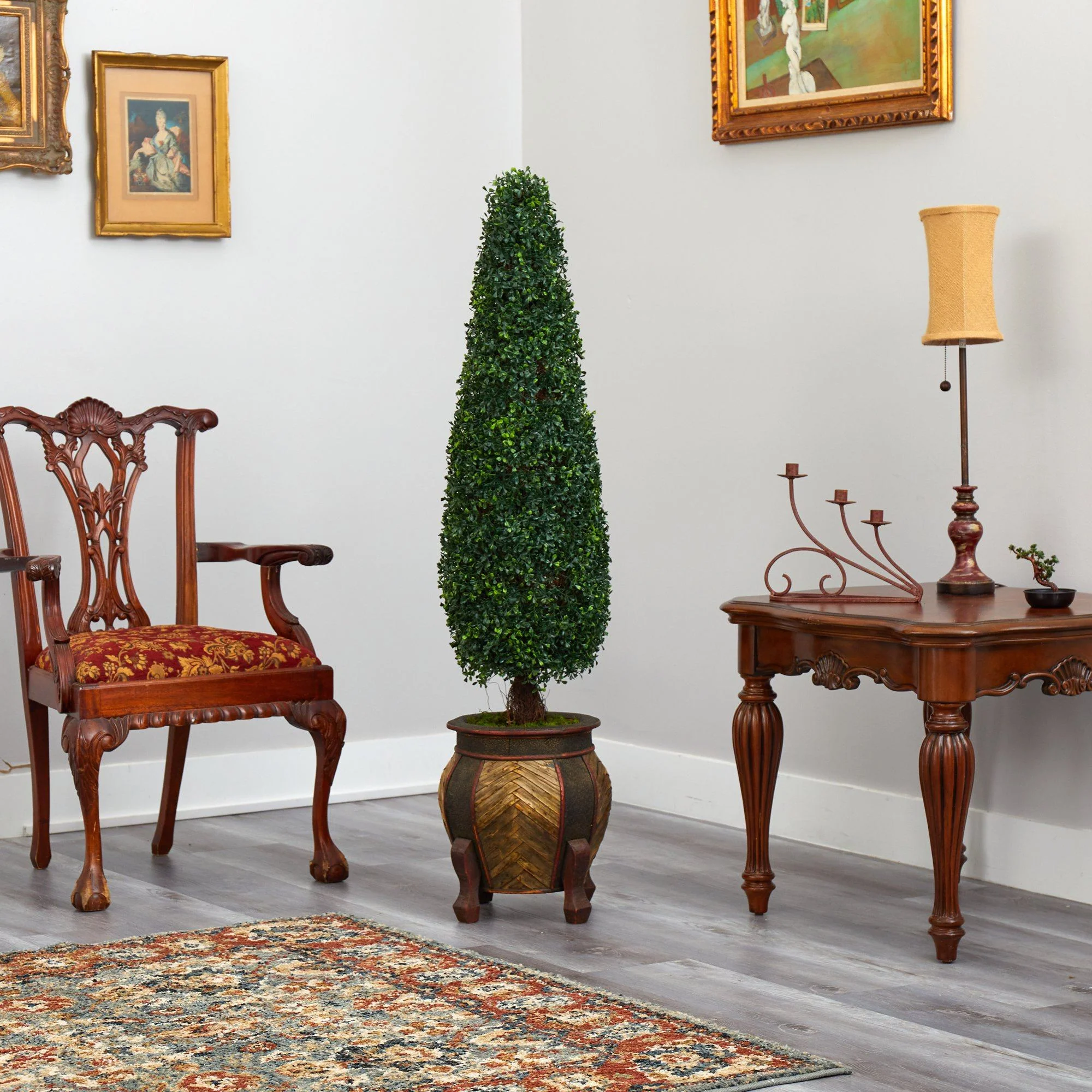 59” Boxwood Topiary Artificial Tree in Decorative Planter (Indoor/Outdoor) - Image 4
