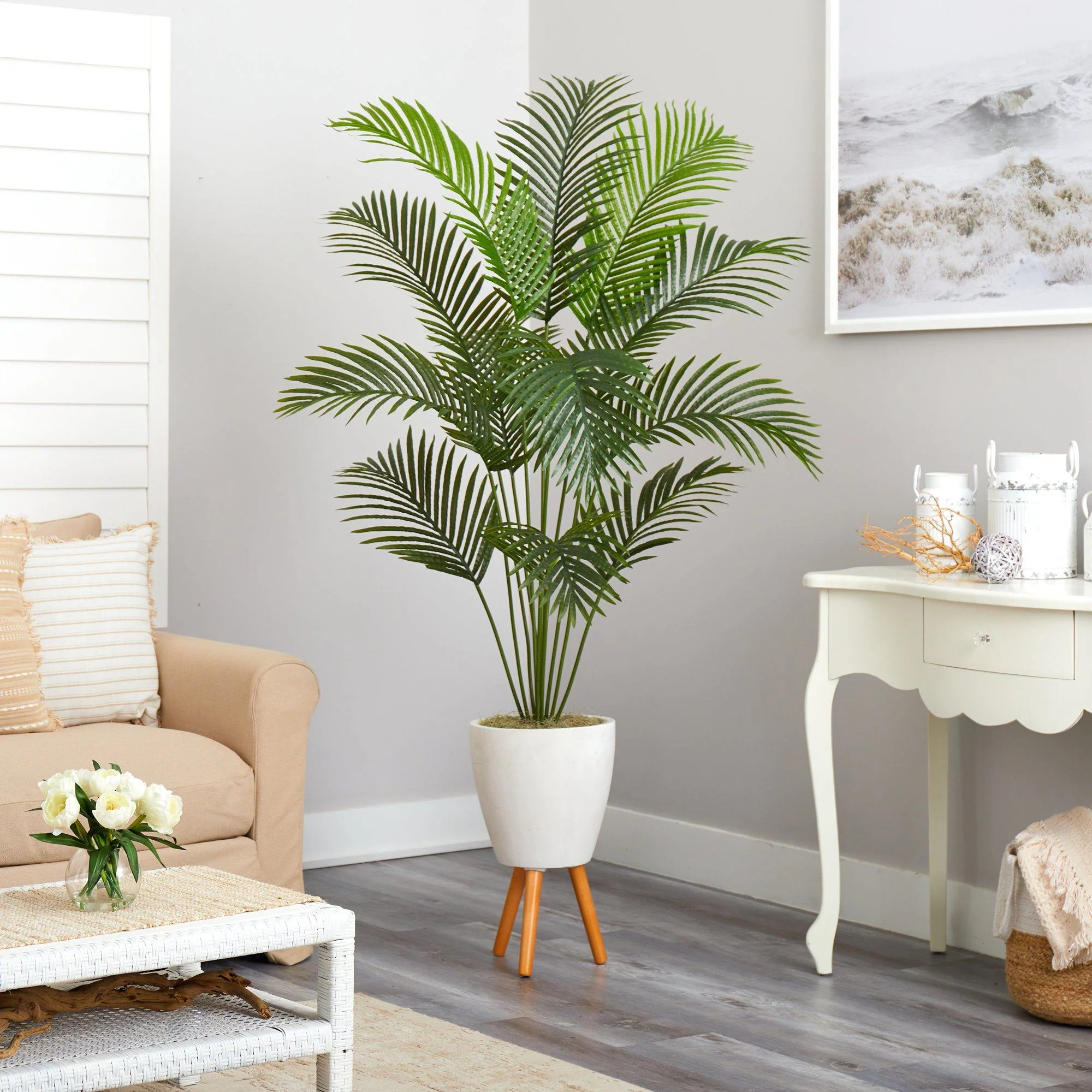 6.5’ Golden Cane Artificial Palm Tree in White Planter with Stand - Image 4