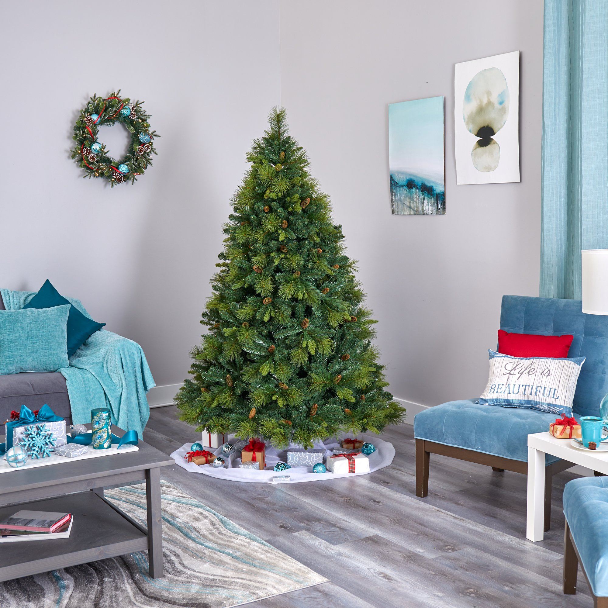 6.5’ North Carolina Mixed Pine Artificial Christmas Tree with 350 Warm White LED Lights, 1367 Bendable Branches and Pinecones - Image 7