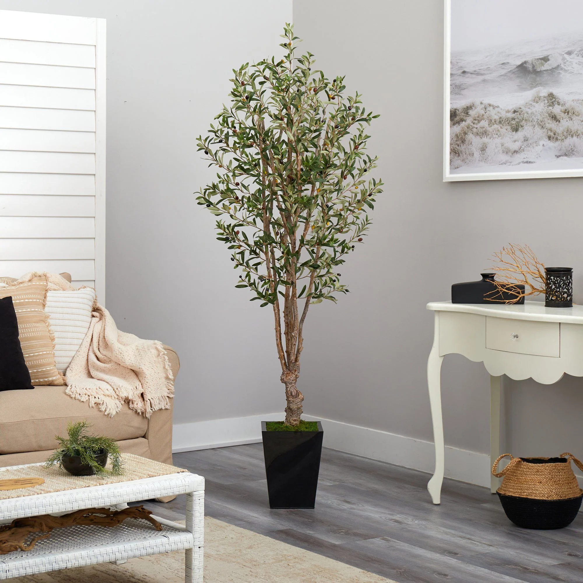 6.5’ Olive Artificial Tree in Black Metal Planter - Image 4