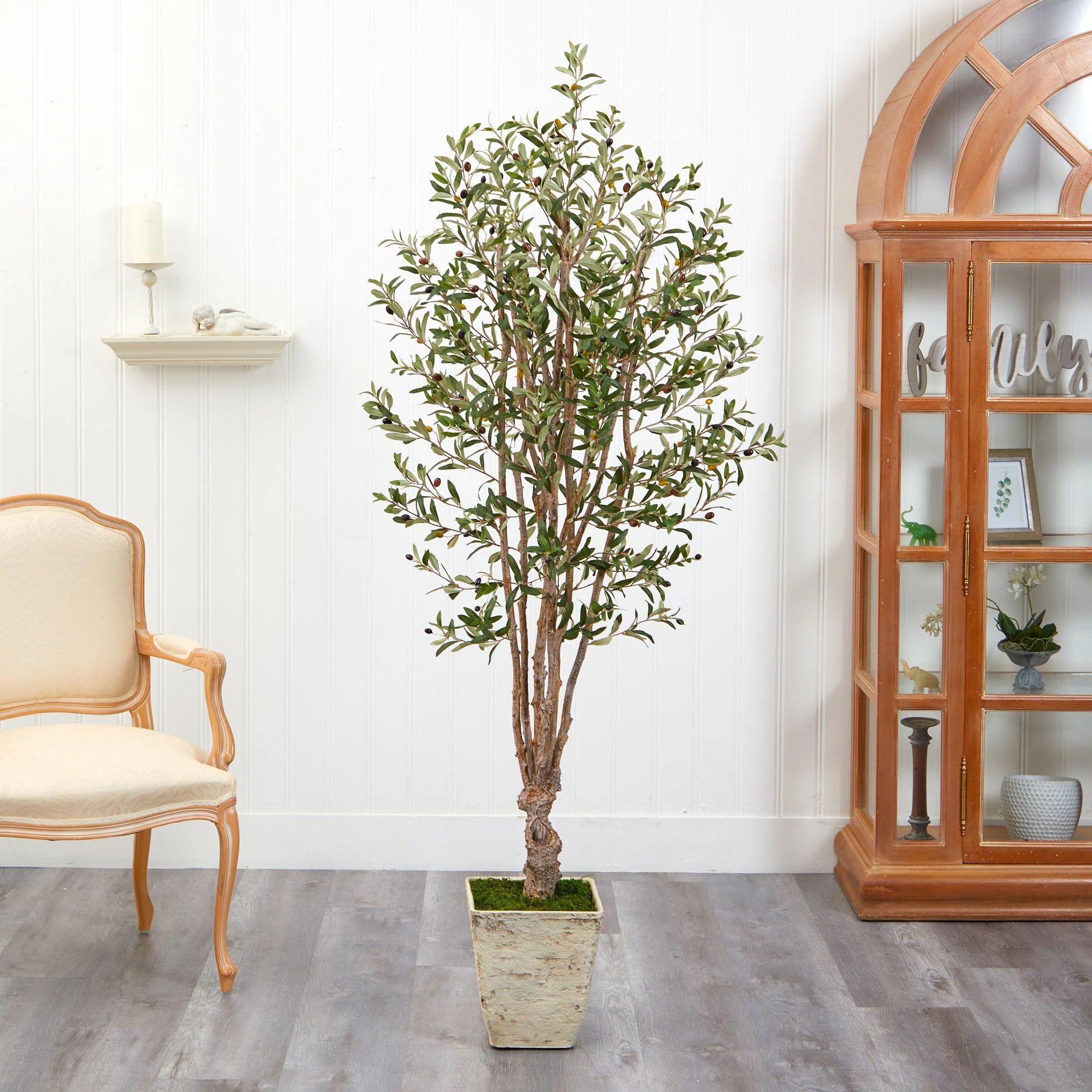 6.5’ Olive Artificial Tree in Country White Planter - Image 3
