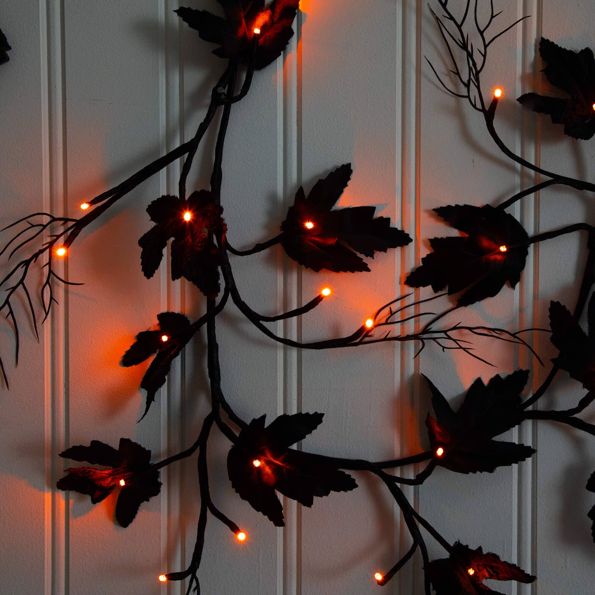 6.5' Pre-Lit Artificial Halloween Black Maple Garland with 48 Orange & Purple LED Lights - Image 2
