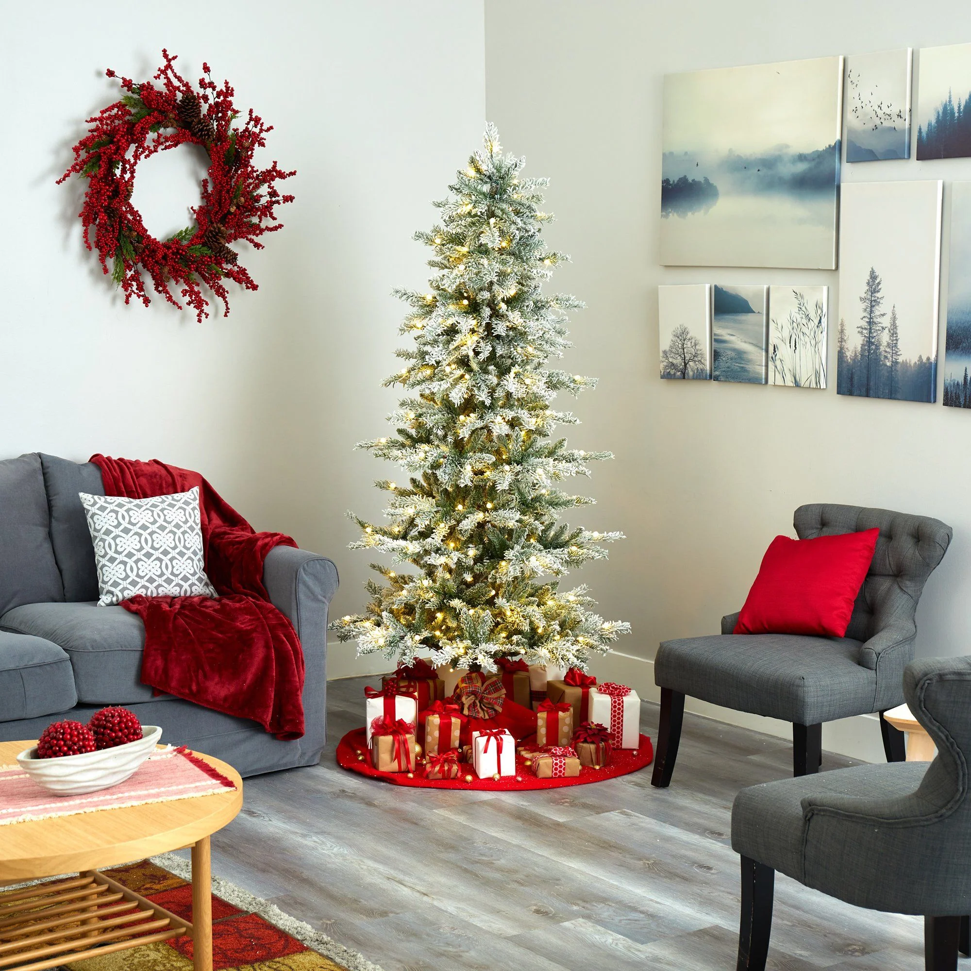 6.5’ Slim Flocked Nova Scotia Spruce Artificial Christmas Tree with 300 Warm White LED Lights and 699 Bendable Branches - Image 6