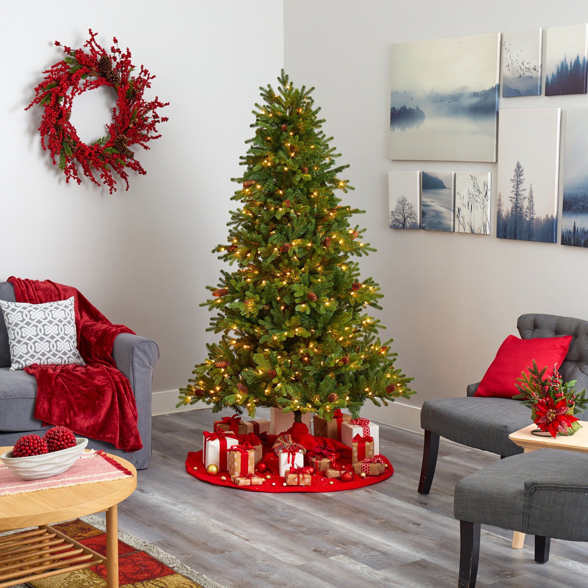 6.5’ Yukon Mountain Fir Artificial Christmas Tree with 450 Clear Lights, Pine Cones and 1236 Bendable Branches - Image 6