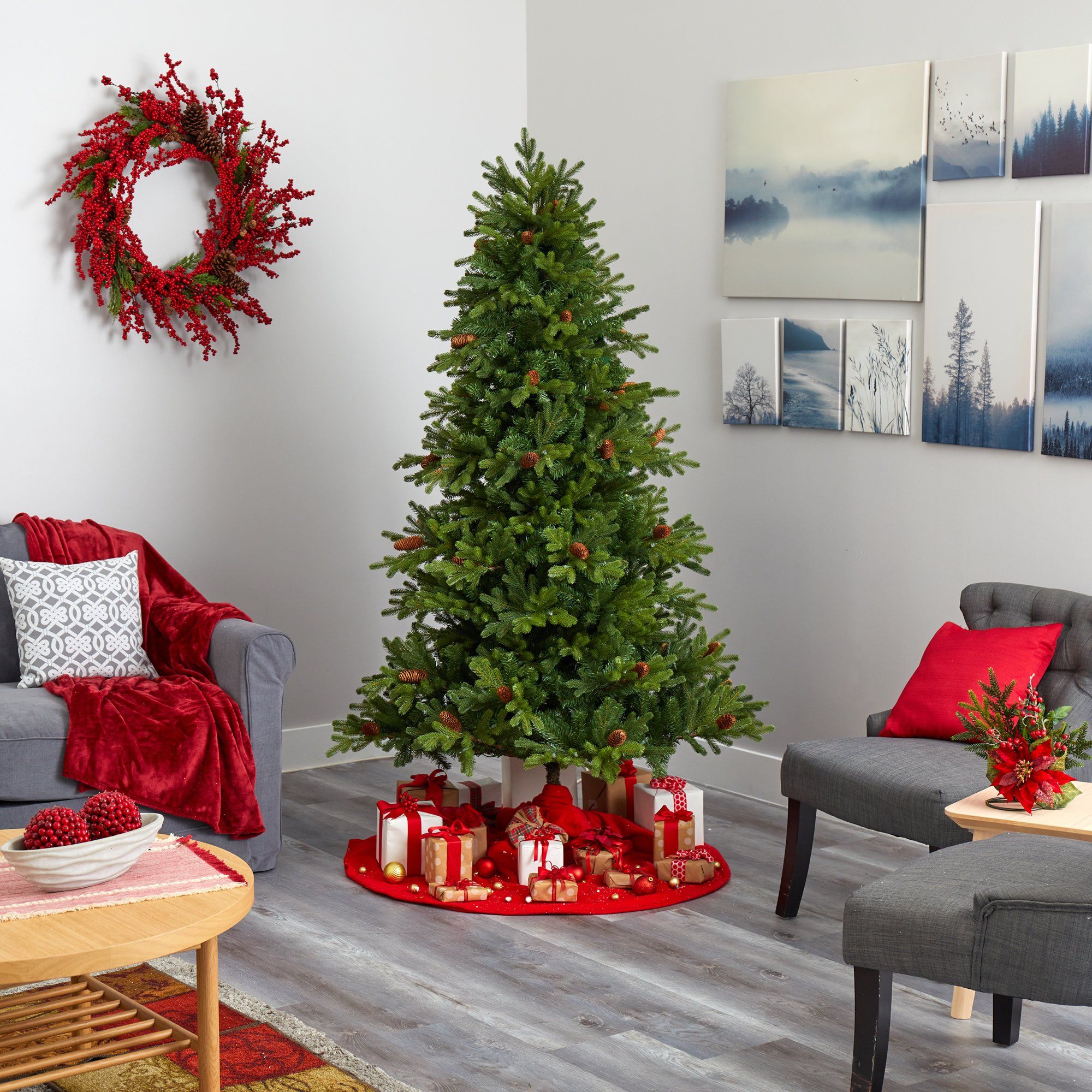 6.5’ Yukon Mountain Fir Artificial Christmas Tree with 450 Clear Lights, Pine Cones and 1236 Bendable Branches - Image 7
