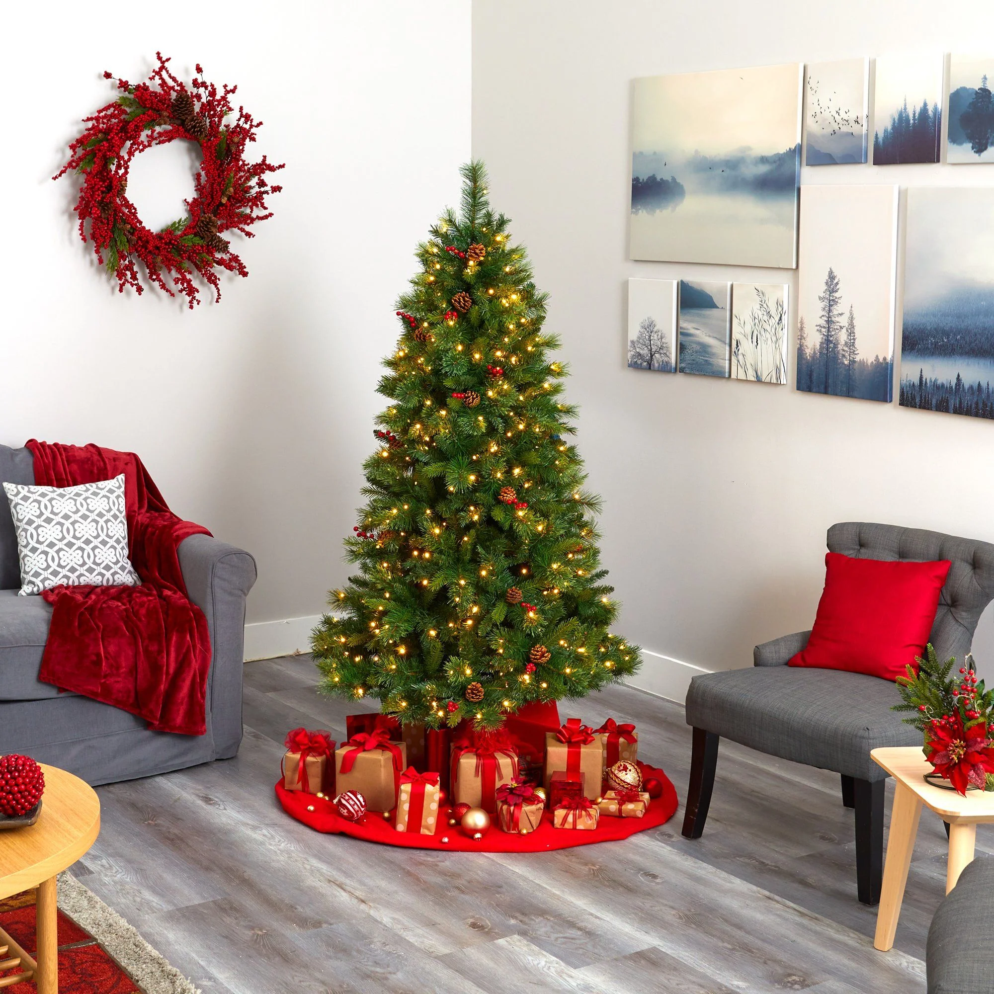 6’ Aberdeen Spruce Artificial Christmas Tree with 350 Clear LED Lights, Pine Cones and Red Berries - Image 5