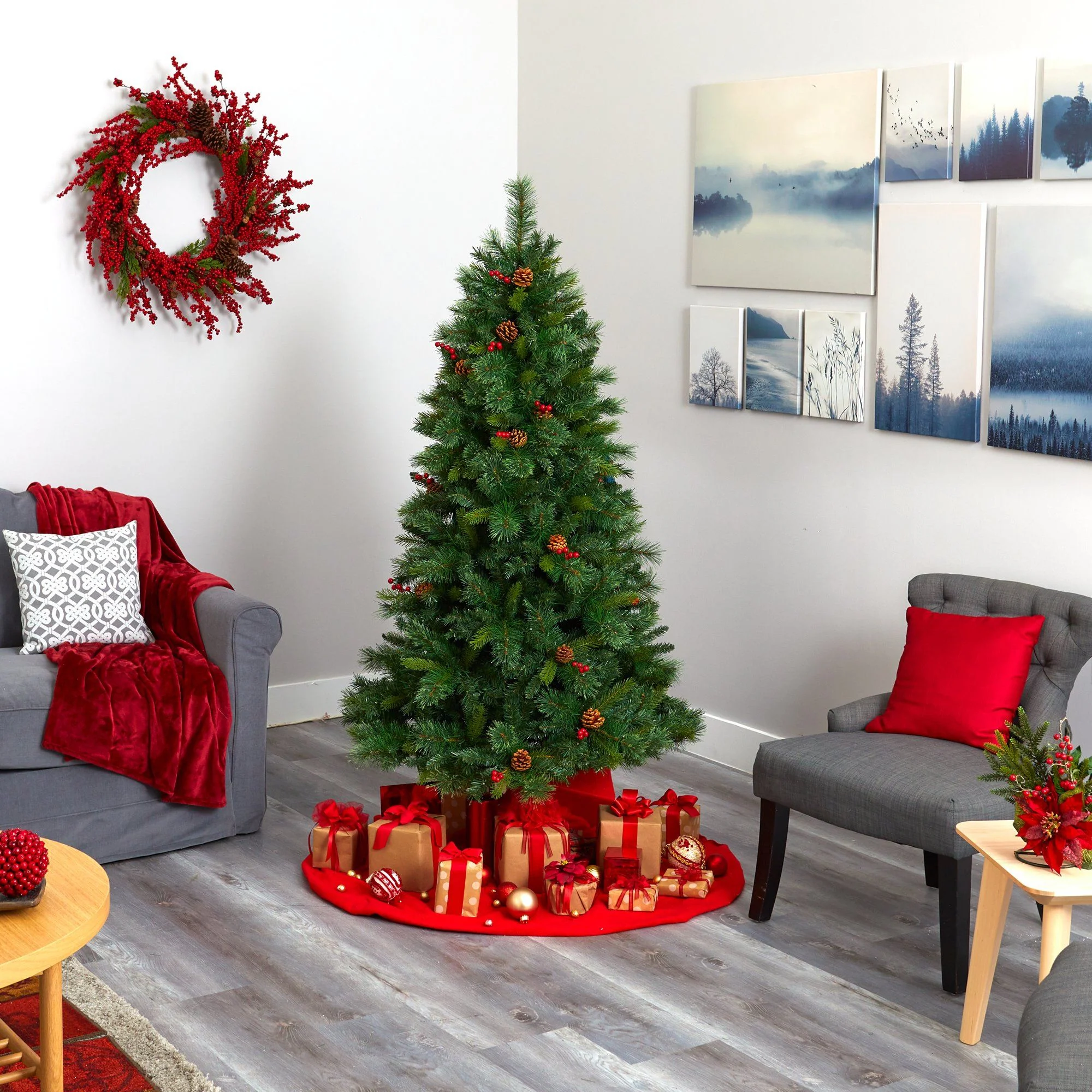 6’ Aberdeen Spruce Artificial Christmas Tree with 350 Clear LED Lights, Pine Cones and Red Berries - Image 6