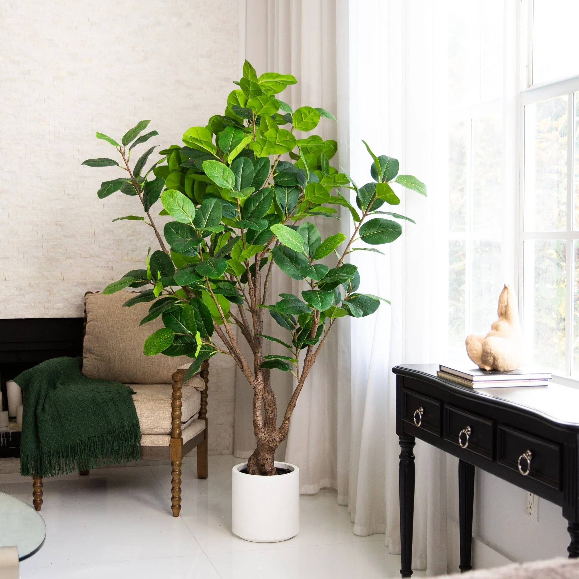 6’ Artificial Grand Audrey Ficus Leaf Tree in White Decorative Planter - Image 3