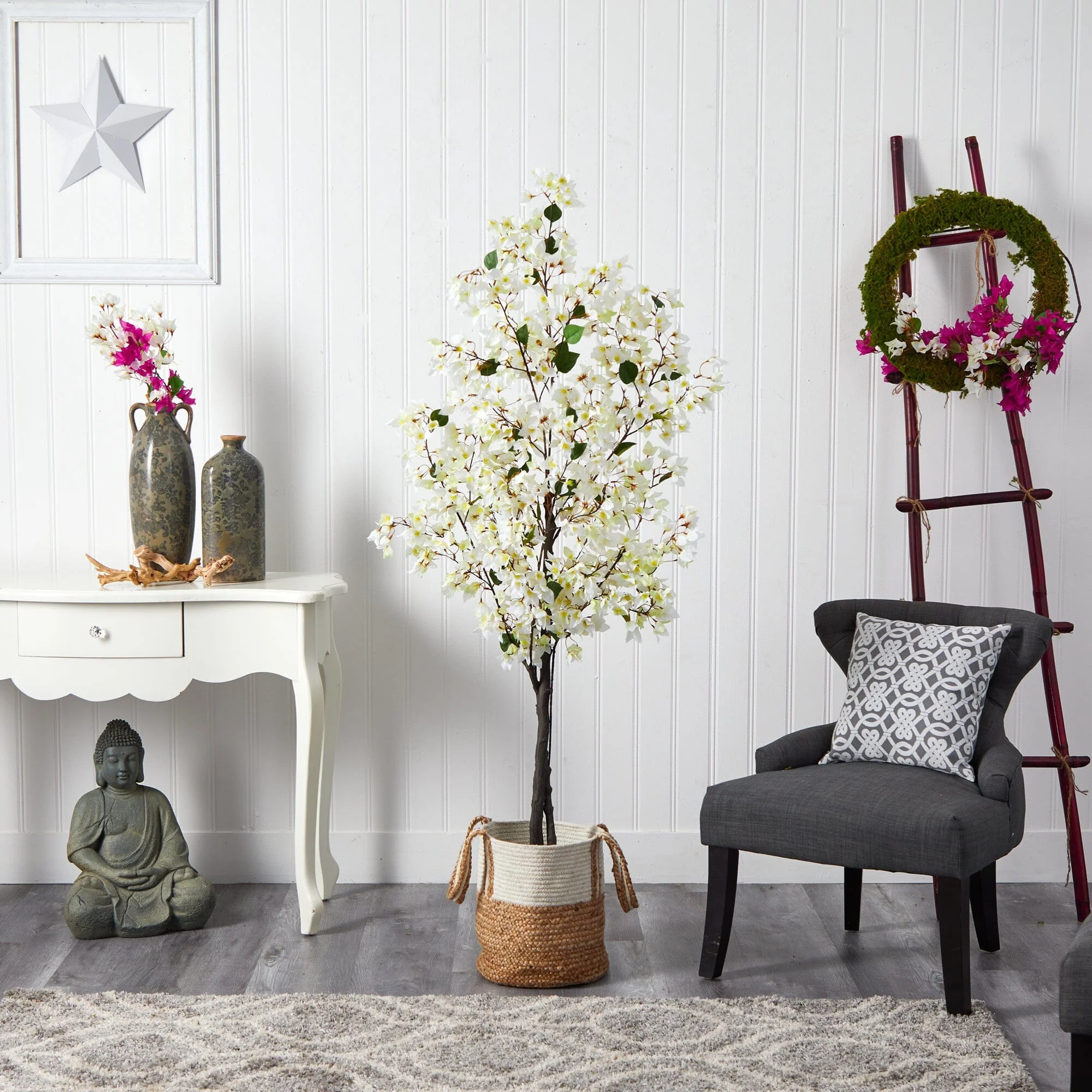 6’ Artificial Bougainvillea Tree with Handmade Jute & Cotton Basket - Image 12