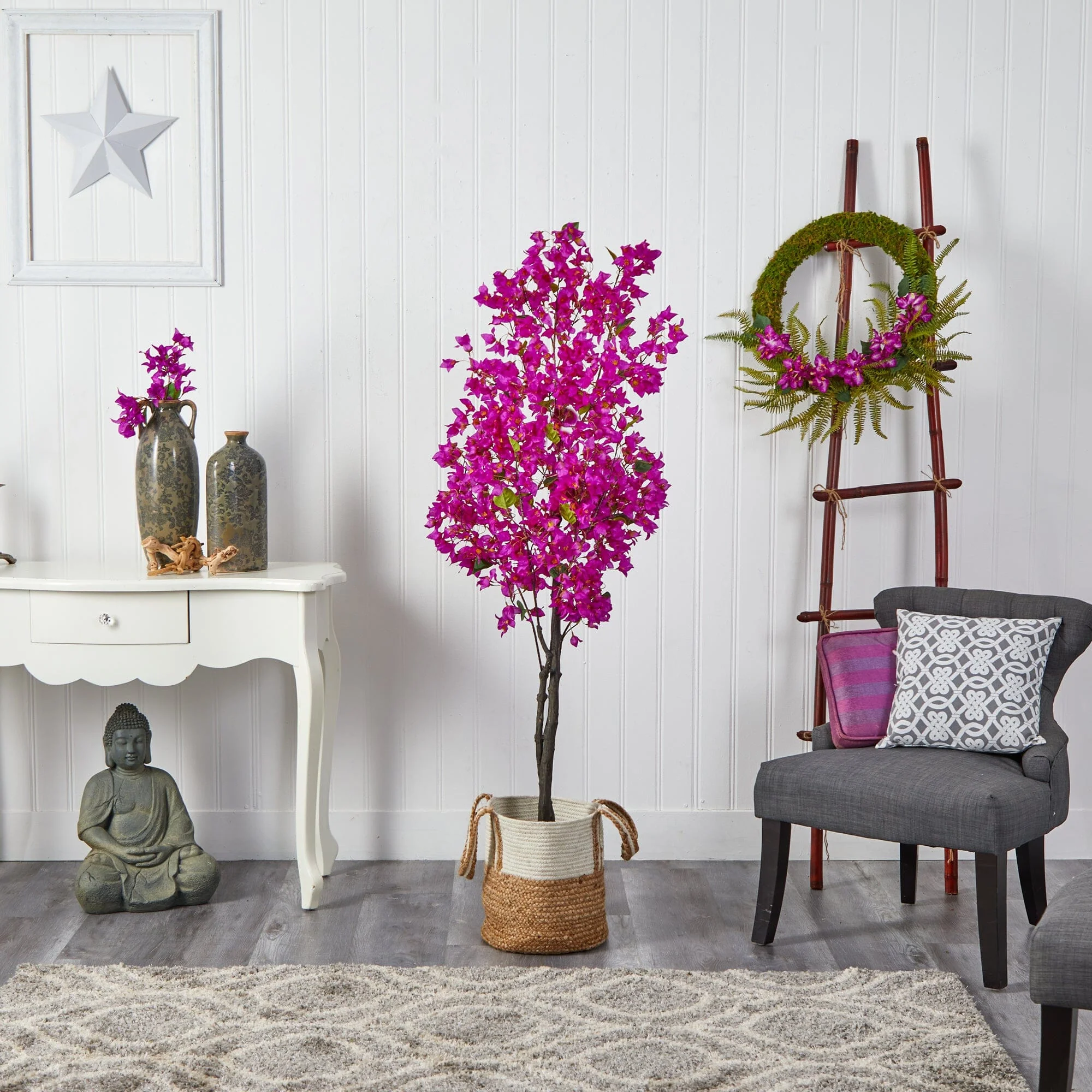 6’ Artificial Bougainvillea Tree with Handmade Jute & Cotton Basket - Image 8