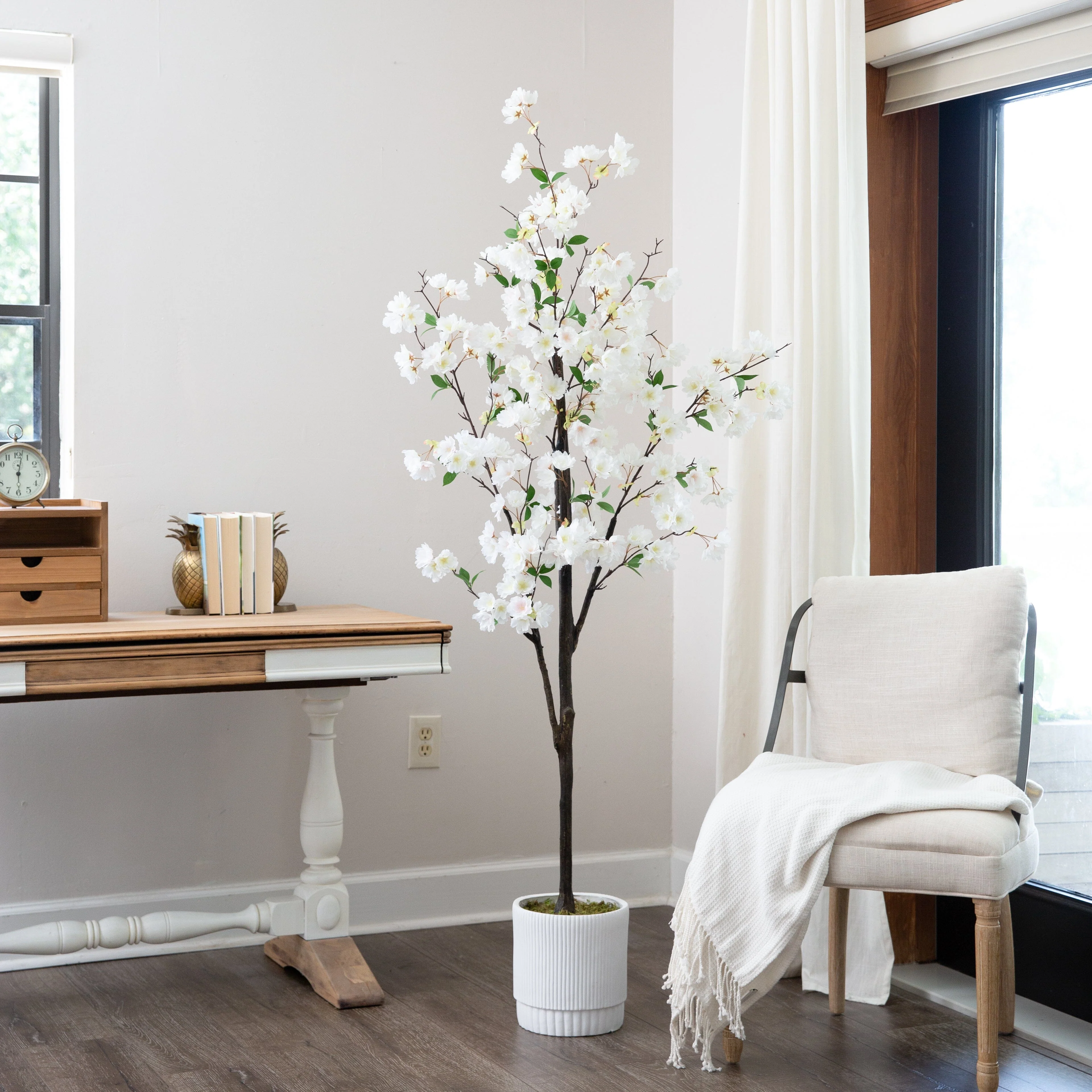 6’ Artificial Cherry Blossom Tree with White Decorative Planter - Image 4