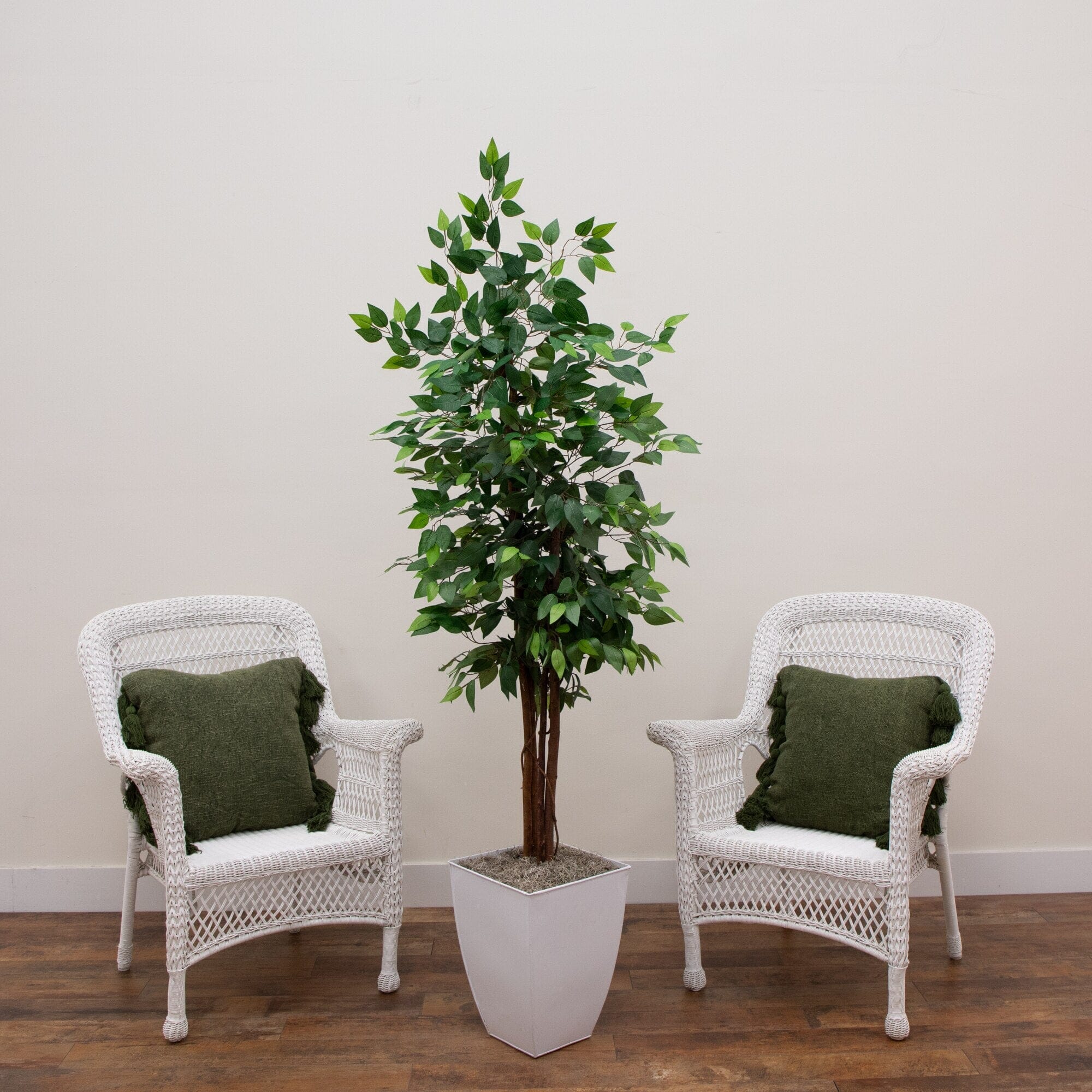 6' Artificial Ficus Tree in White Metal Planter - Image 2