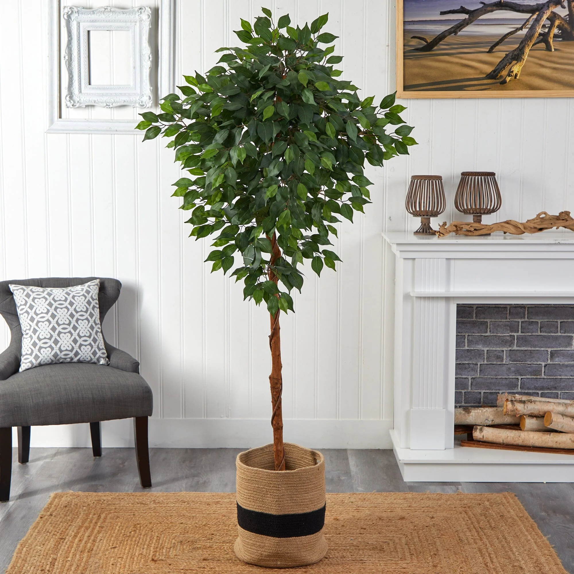 6’ Artificial Ficus Tree with Handmade Jute & Cotton Basket - Image 2
