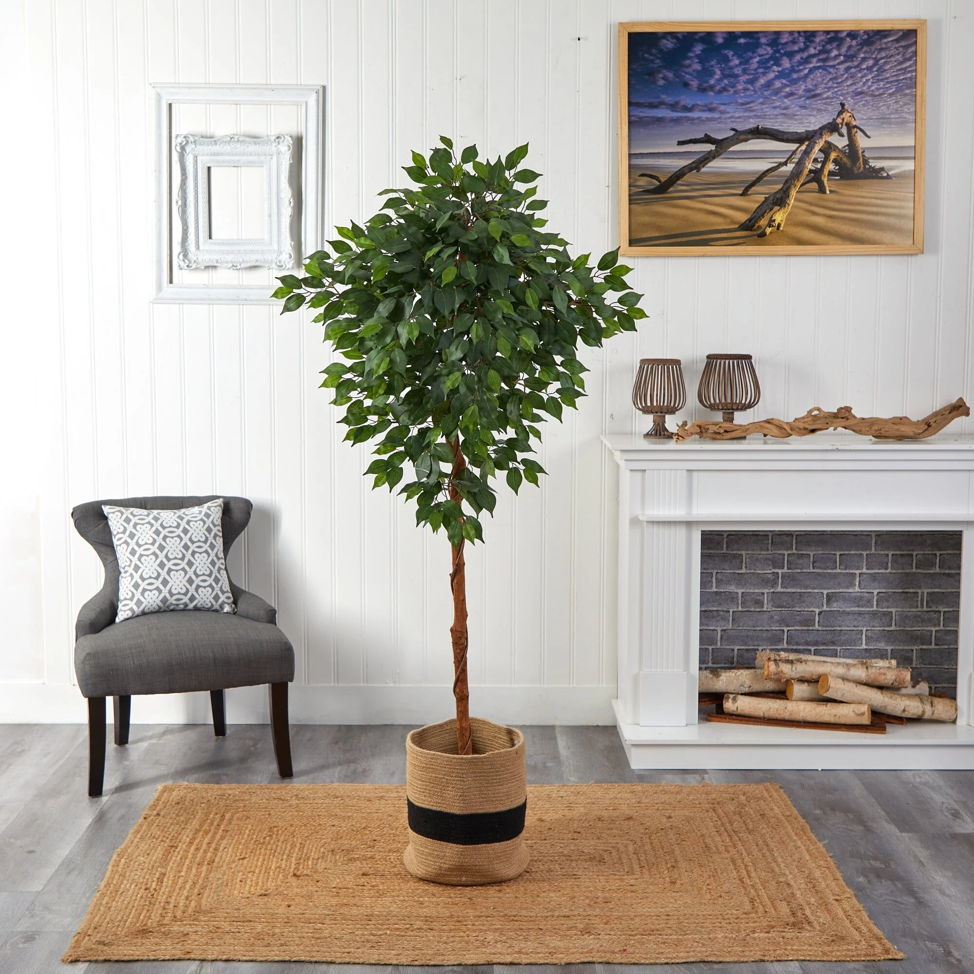 6’ Artificial Ficus Tree with Handmade Jute & Cotton Basket - Image 4