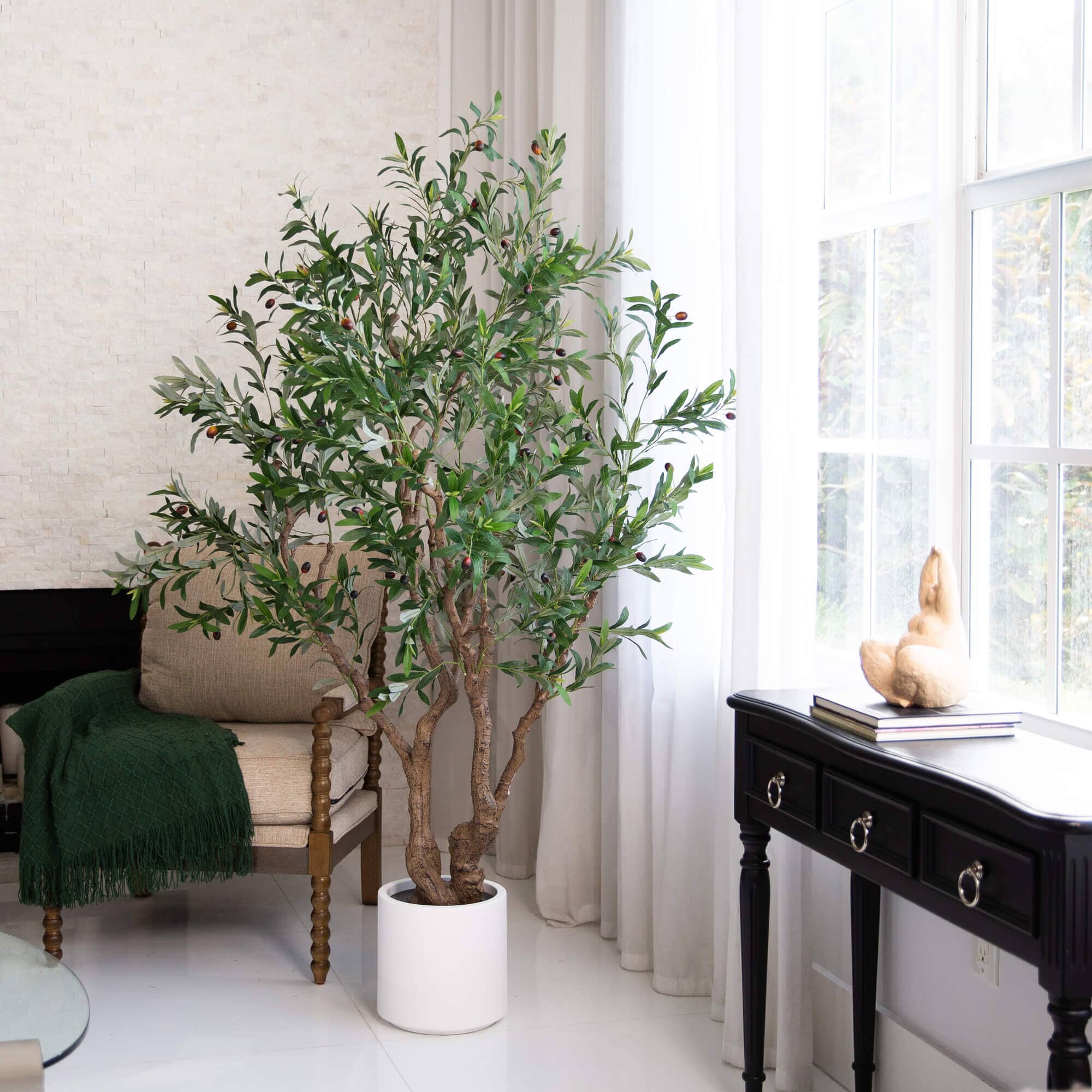 6’ Artificial Grand Olive Tree in White Decorative Planter - Image 3