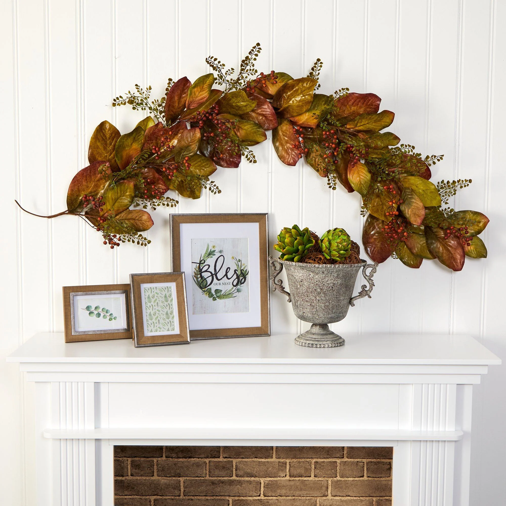 6’ Autumn Magnolia Leaf and Berries Artificial Garland - Image 3
