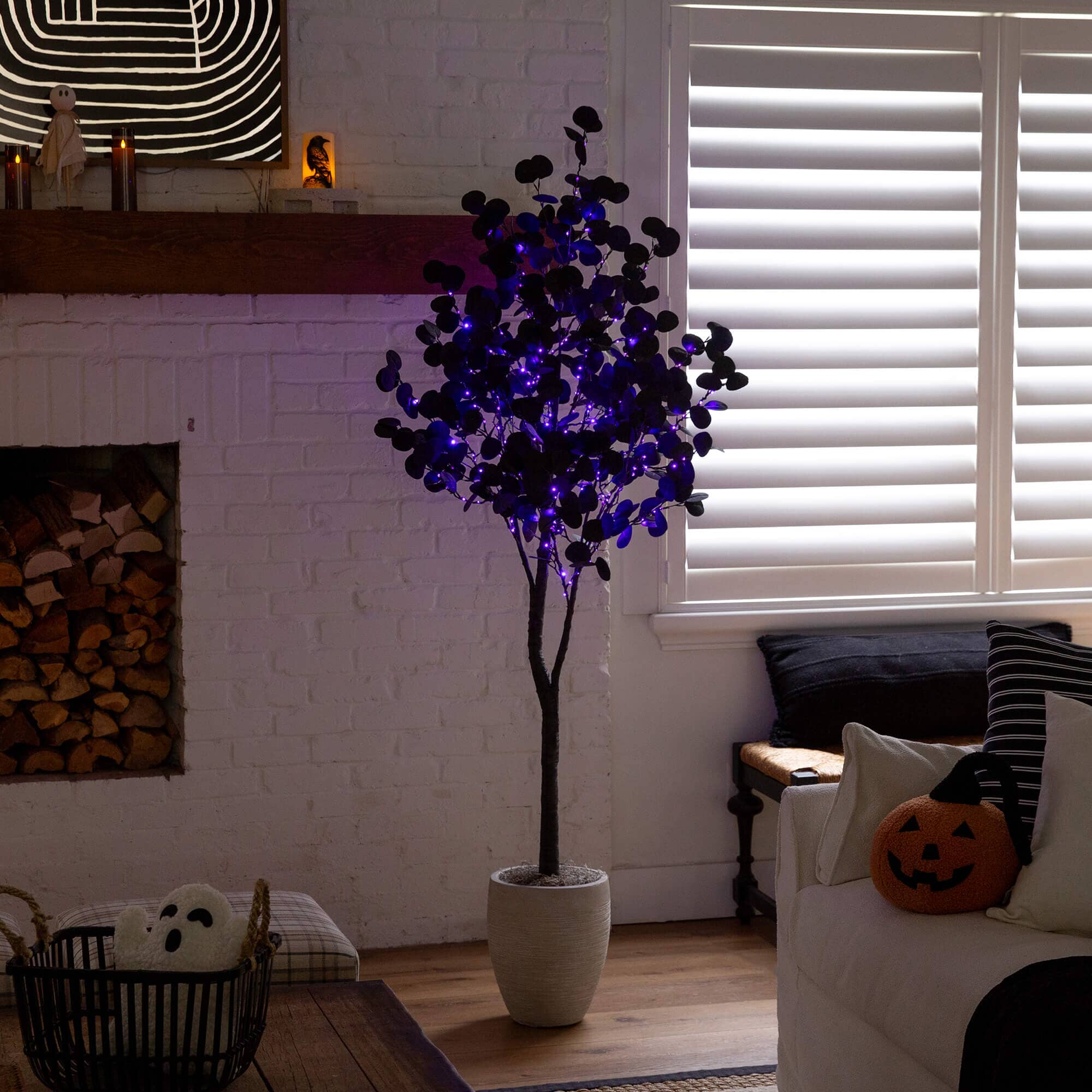 6' Pre-Lit Artificial Halloween Black Eucalyptus Tree with 300 Orange & Purple LED Lights - Image 6
