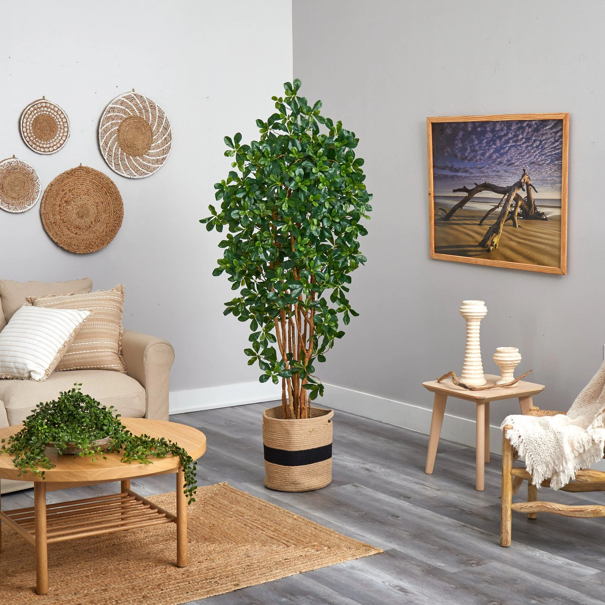 6’ Black Olive Artificial Tree in Handmade Black and White Natural Jute and Cotton Planter - Image 4
