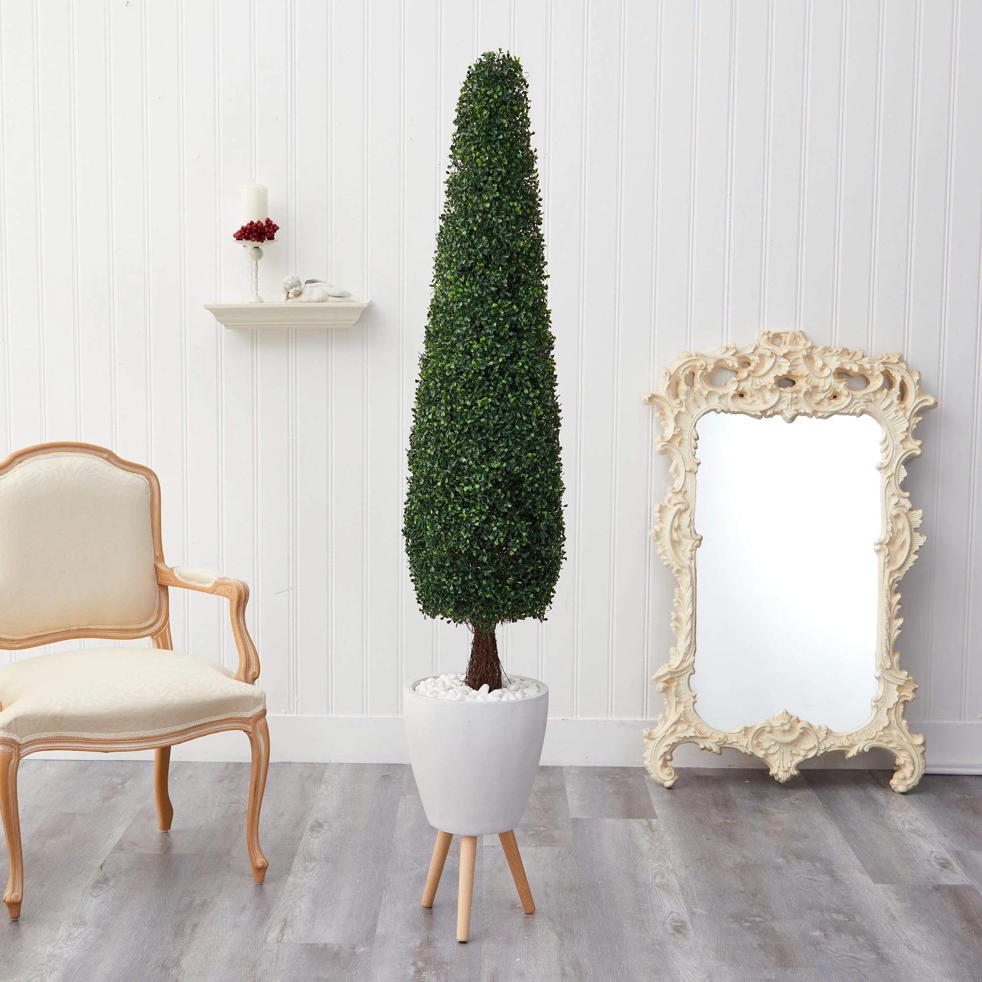 6’ Boxwood Topiary Artificial Tree in White Planter with Stand (Indoor/Outdoor) - Image 3