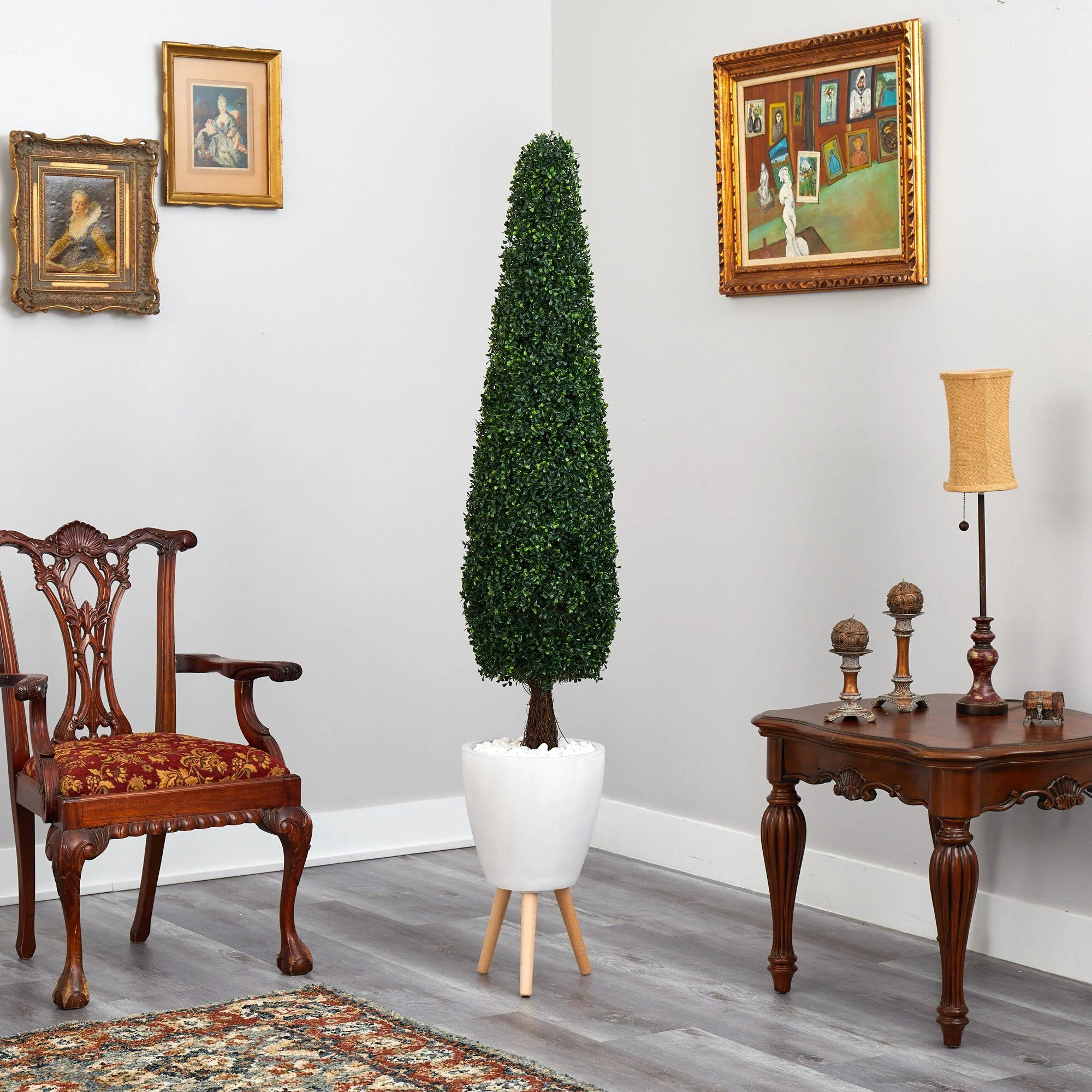 6’ Boxwood Topiary Artificial Tree in White Planter with Stand (Indoor/Outdoor) - Image 4