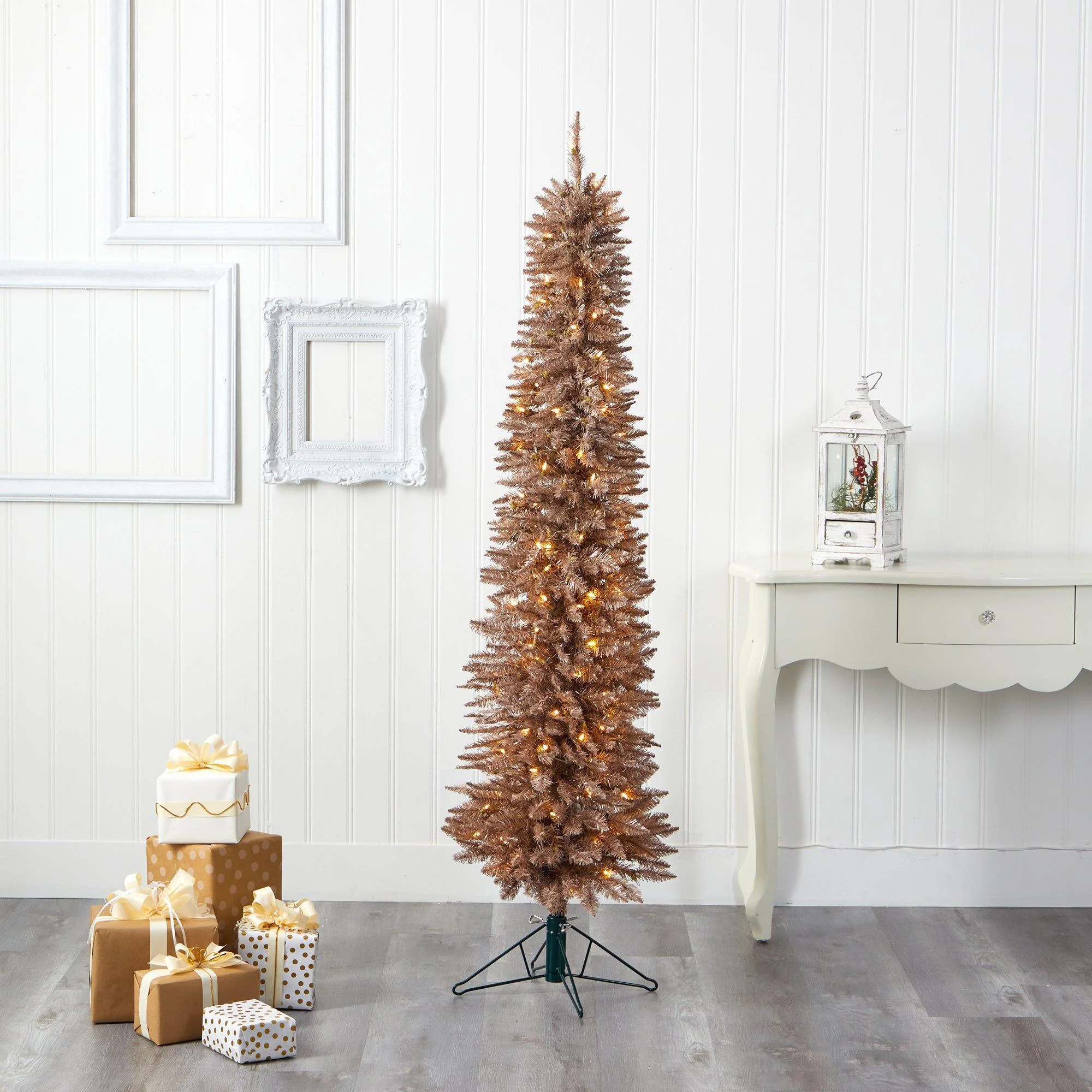 6’ Champagne Pencil Artificial Christmas Tree with 300 (multifunction) Clear LED Lights and 518 Bendable Branches - Image 7