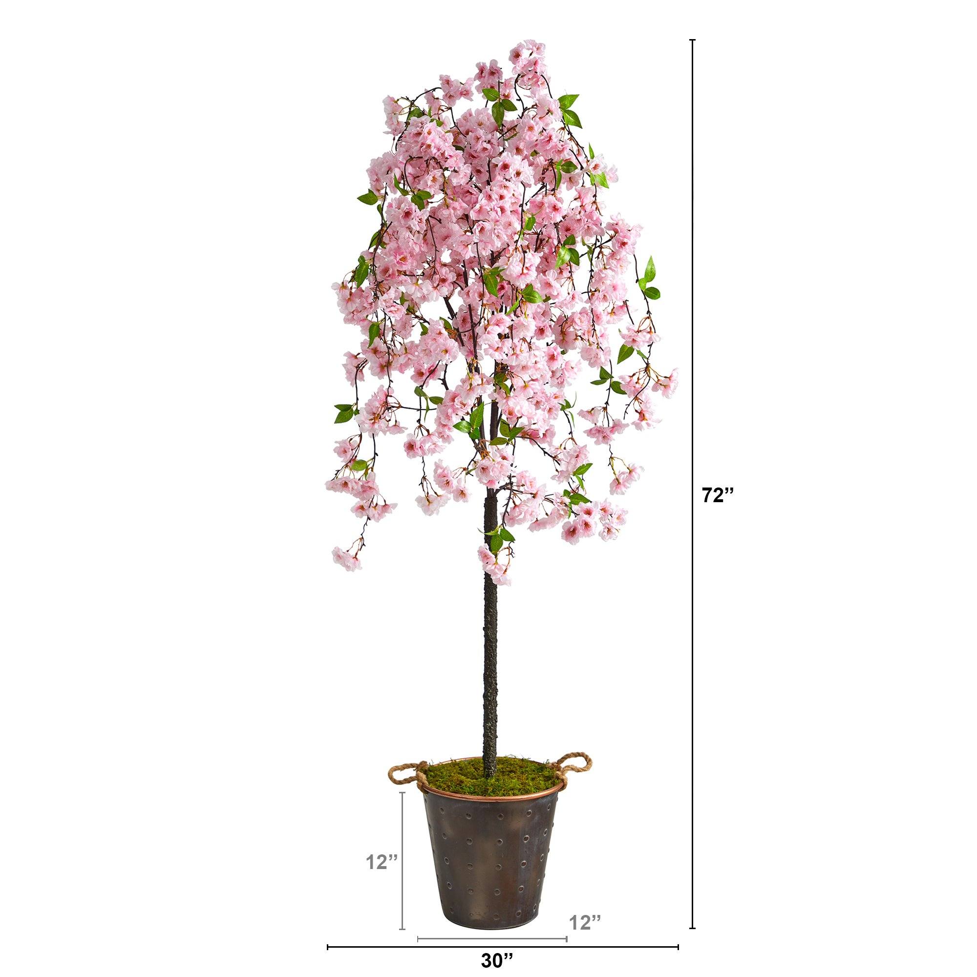 6' Artificial Cherry Blossom Tree in Decorative Metal Pail with Rope - Image 2