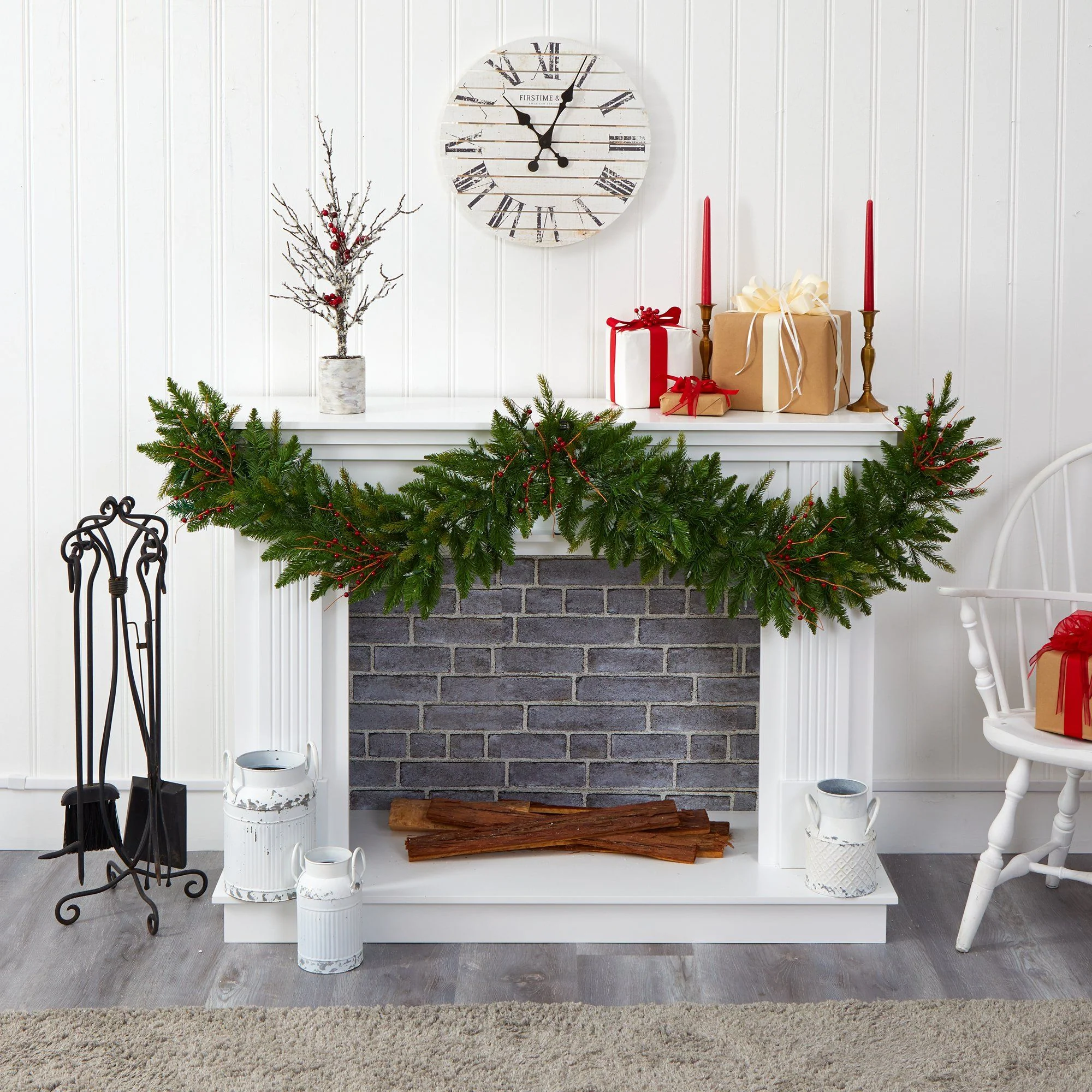 6' Christmas Pine Artificial Garland with 50 Warm White LED Lights and Berries - Image 4
