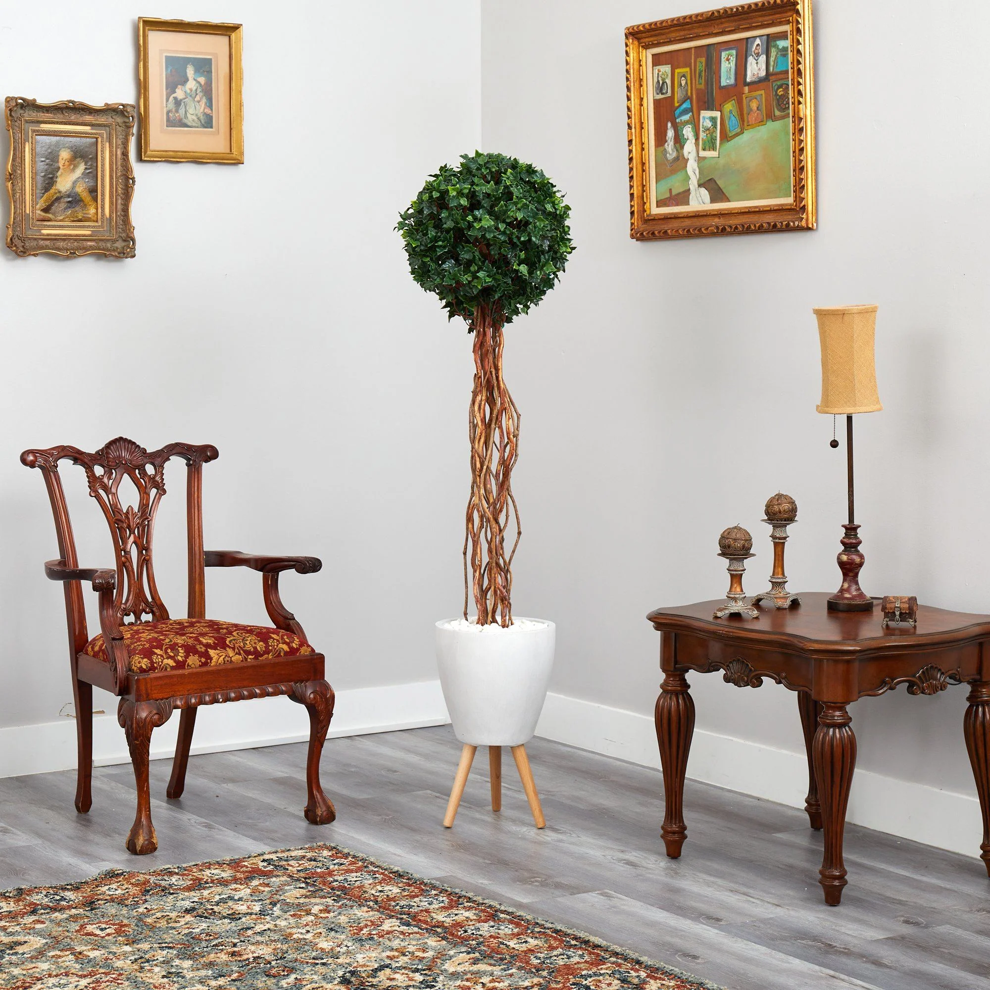 6’ English Ivy Single Ball Artificial Topiary Tree in White Planter with Stand (Indoor/Outdoor) - Image 4
