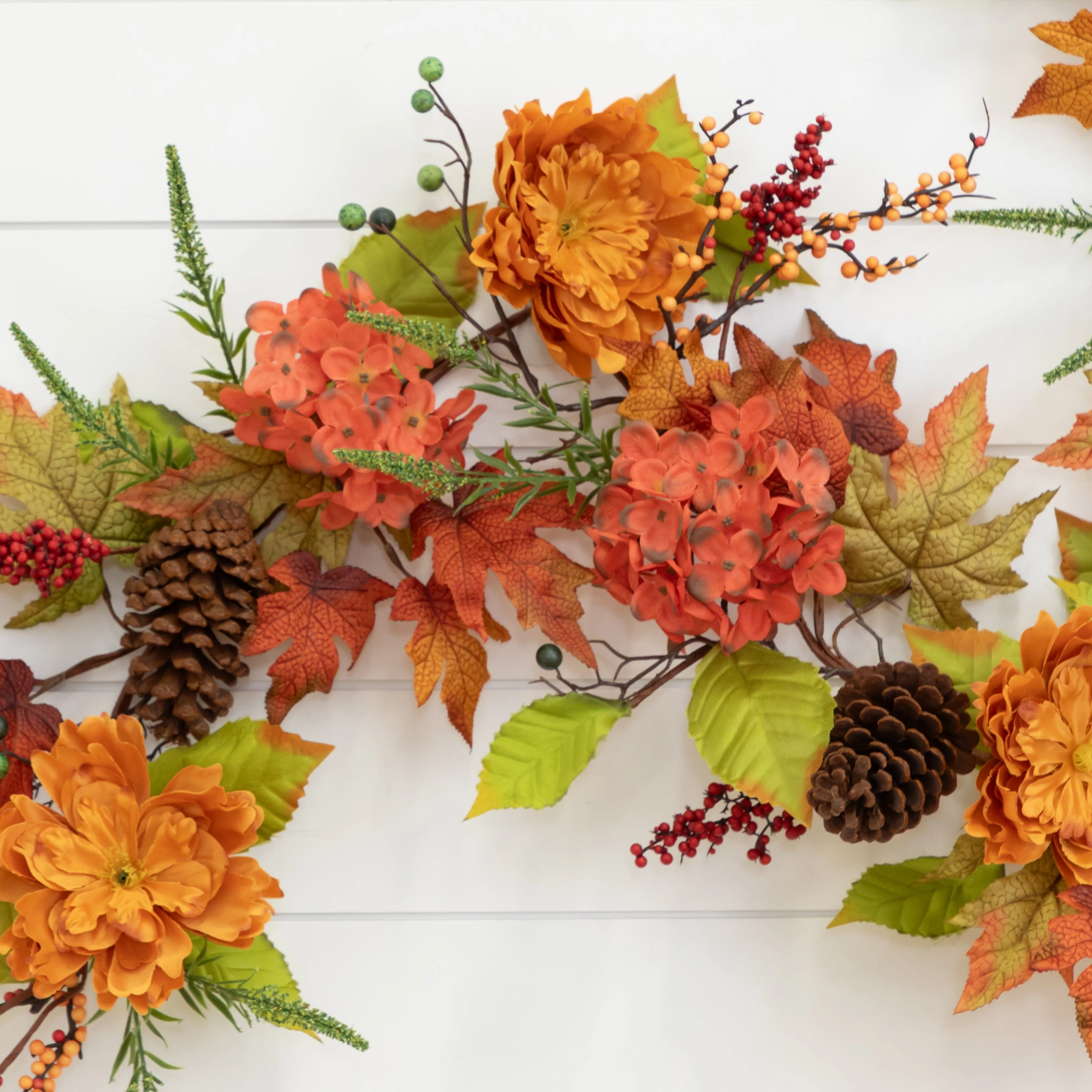 6’ Fall Ranunculus, Hydrangea and Berries Autumn Artificial Garland - Image 4
