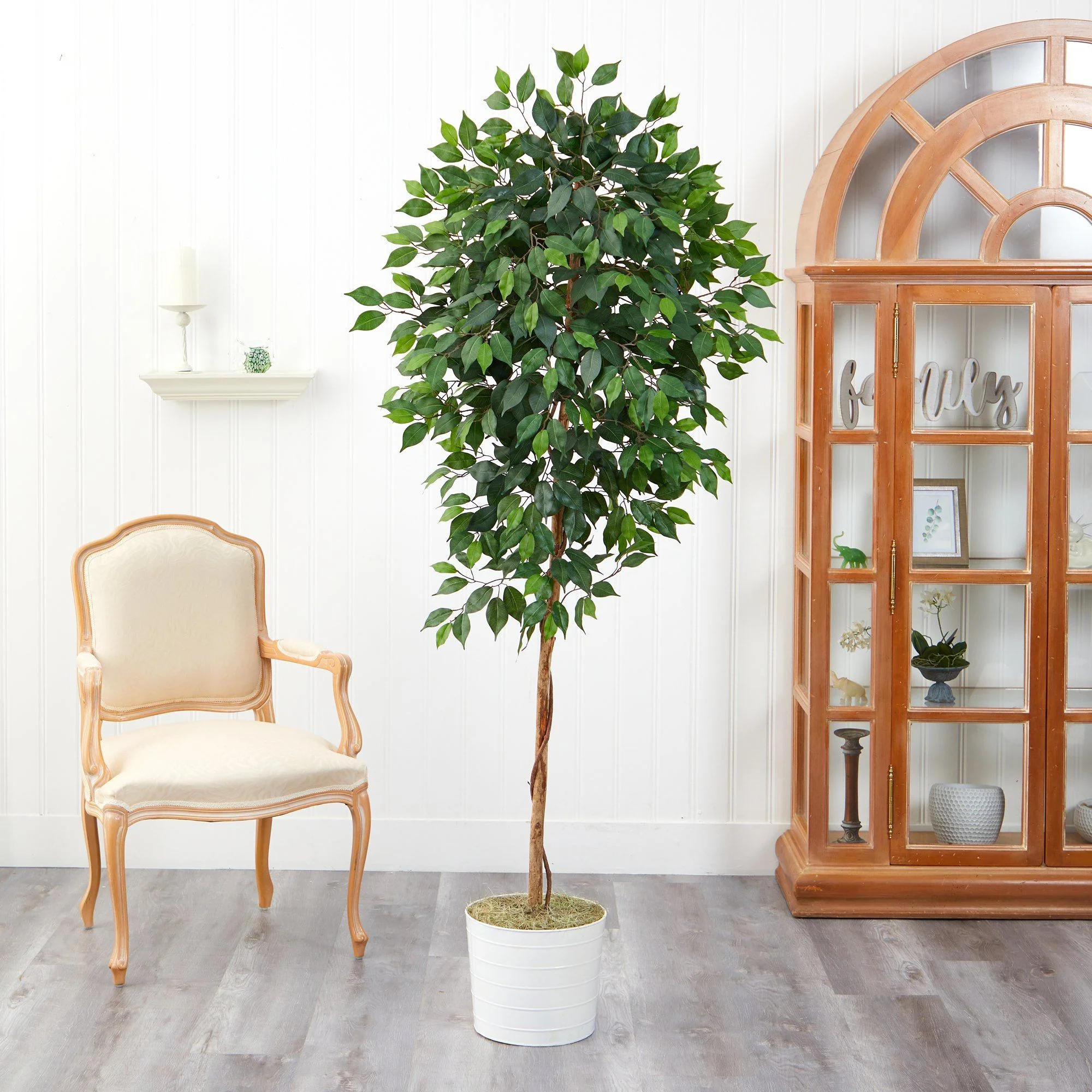 6’ Ficus Artificial Tree in White Tin Planter - Image 3