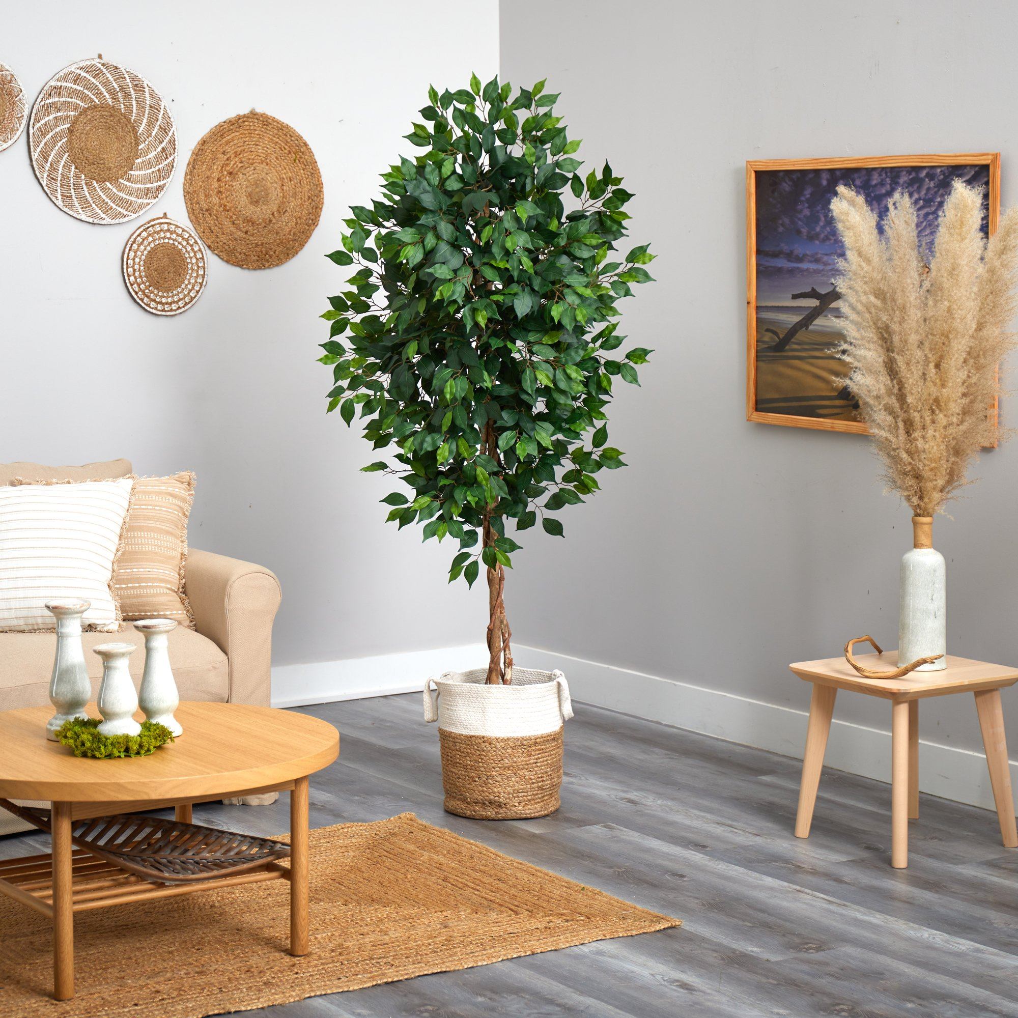 6’ Ficus Artificial Tree with Natural Trunk in Handmade Natural Jute and Cotton Planter - Image 4
